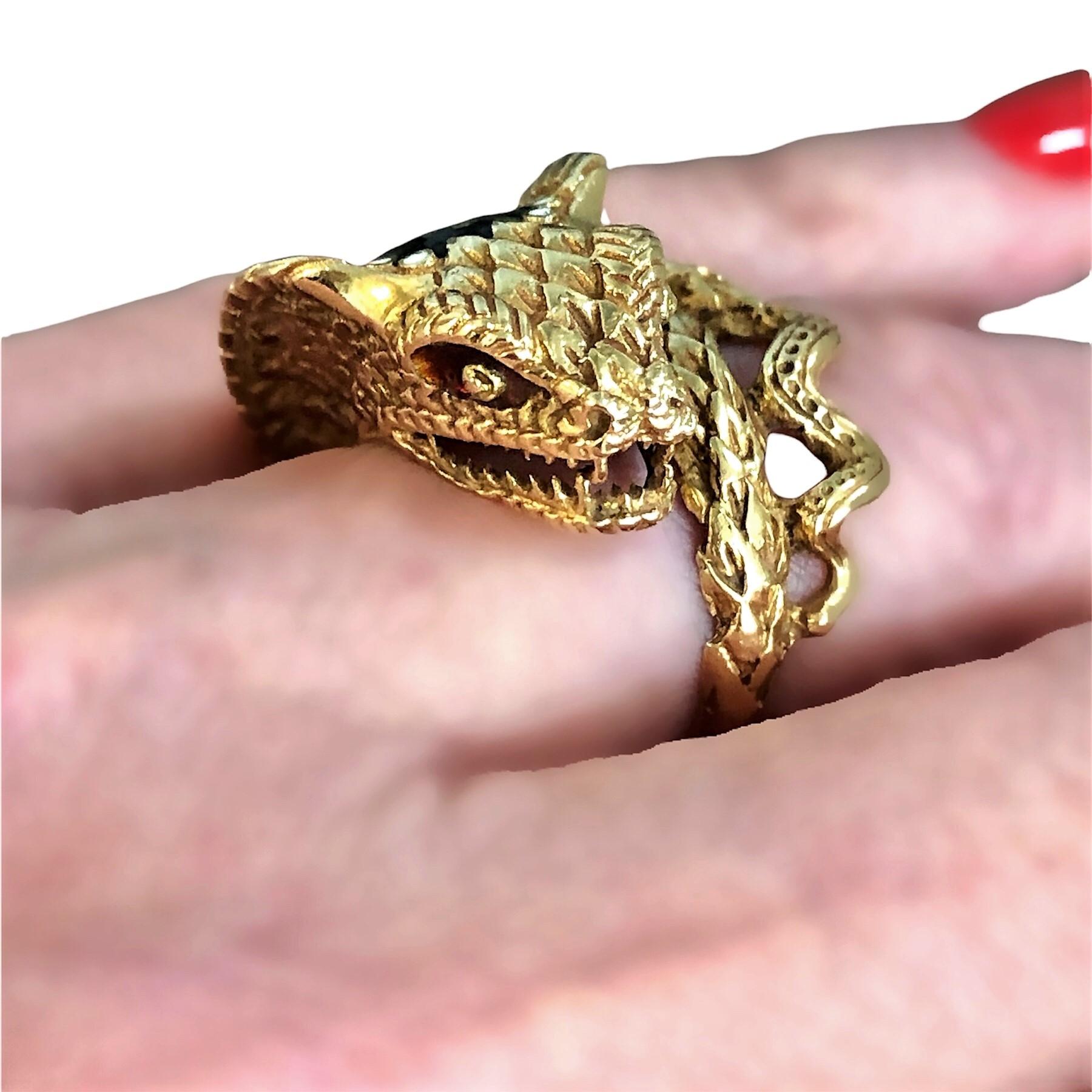 King Cobra Snake Ring in 18k Yellow Gold with Multi Color Enamel Markings For Sale 9
