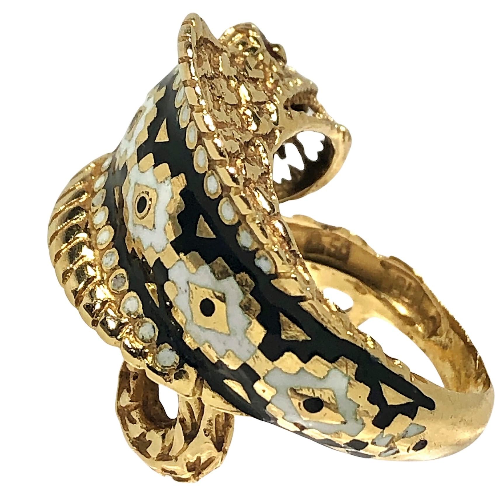 King Cobra Snake Ring in 18k Yellow Gold with Multi Color Enamel Markings In Good Condition In Palm Beach, FL