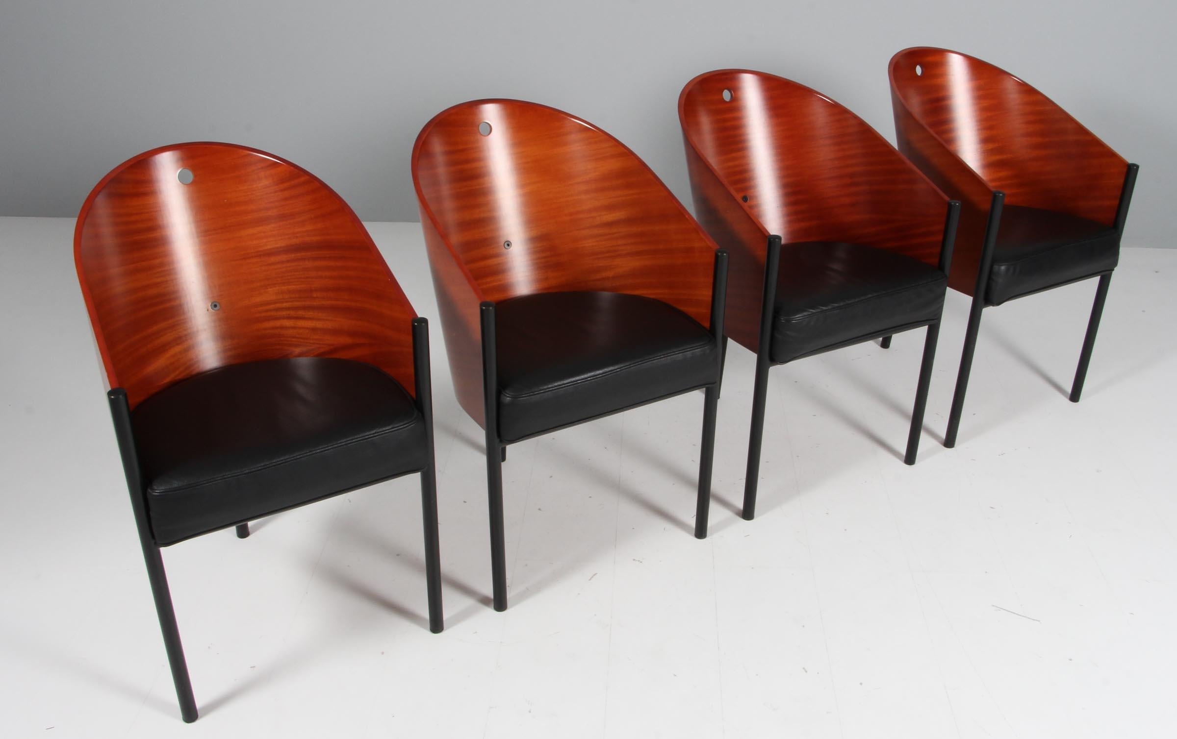 Great matching set of Vintage King Costes chairs.
Designed by Philippe Starck for driade.
Frame of mahogany, base of black lacquered steel. Seat of black leather.
