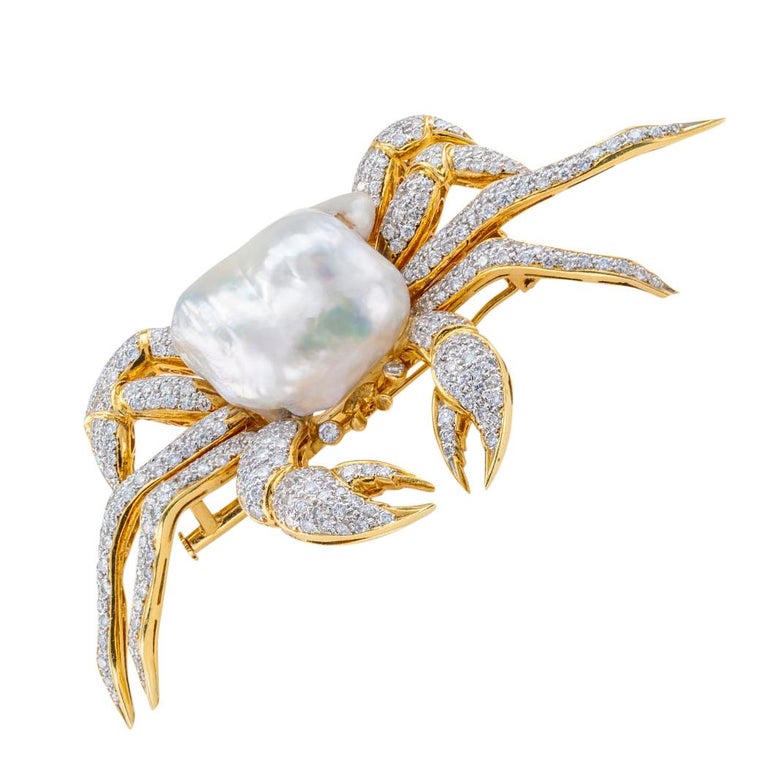 King Crab Diamond Freshwater Pearl Gold Brooch Pendant For Sale at 1stDibs
