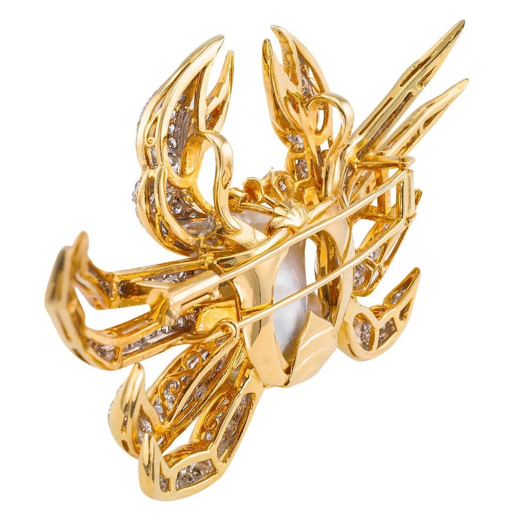 King Crab Diamond Freshwater Pearl Gold Brooch Pendant For Sale at 1stDibs