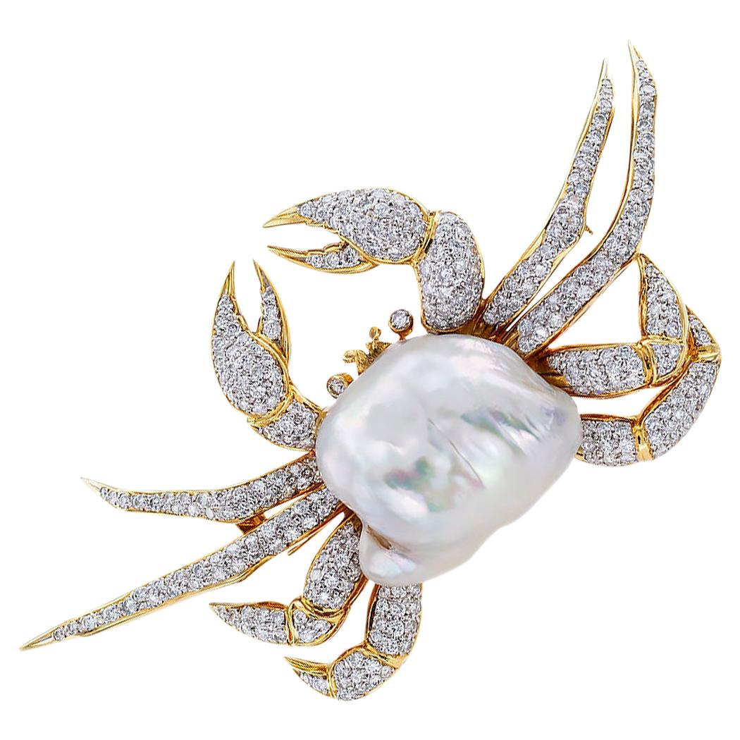 King Crab Diamond Freshwater Pearl Gold Brooch Pendant
