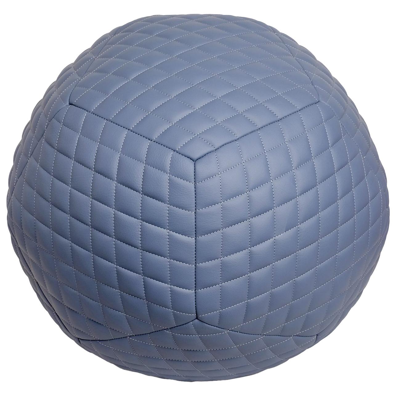 Diamond Ottoman 22"Ø in Slate Blue Leather by Moses Nadel For Sale
