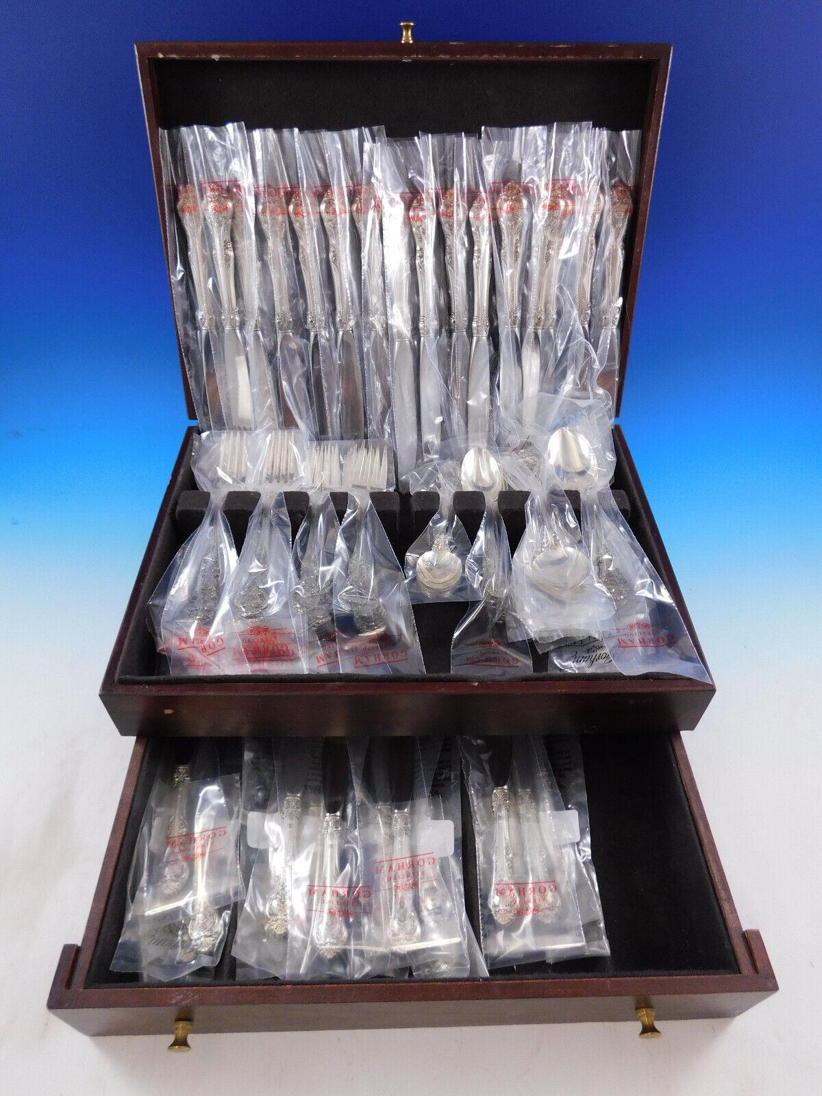 Monumental unused Place Size King Edward by Gorham sterling silver Flatware set, 96 pieces. This set includes:
The King Edward pattern lends a regal flair to your table décor. The intricately sculpted handle reflects superior Gorham design and