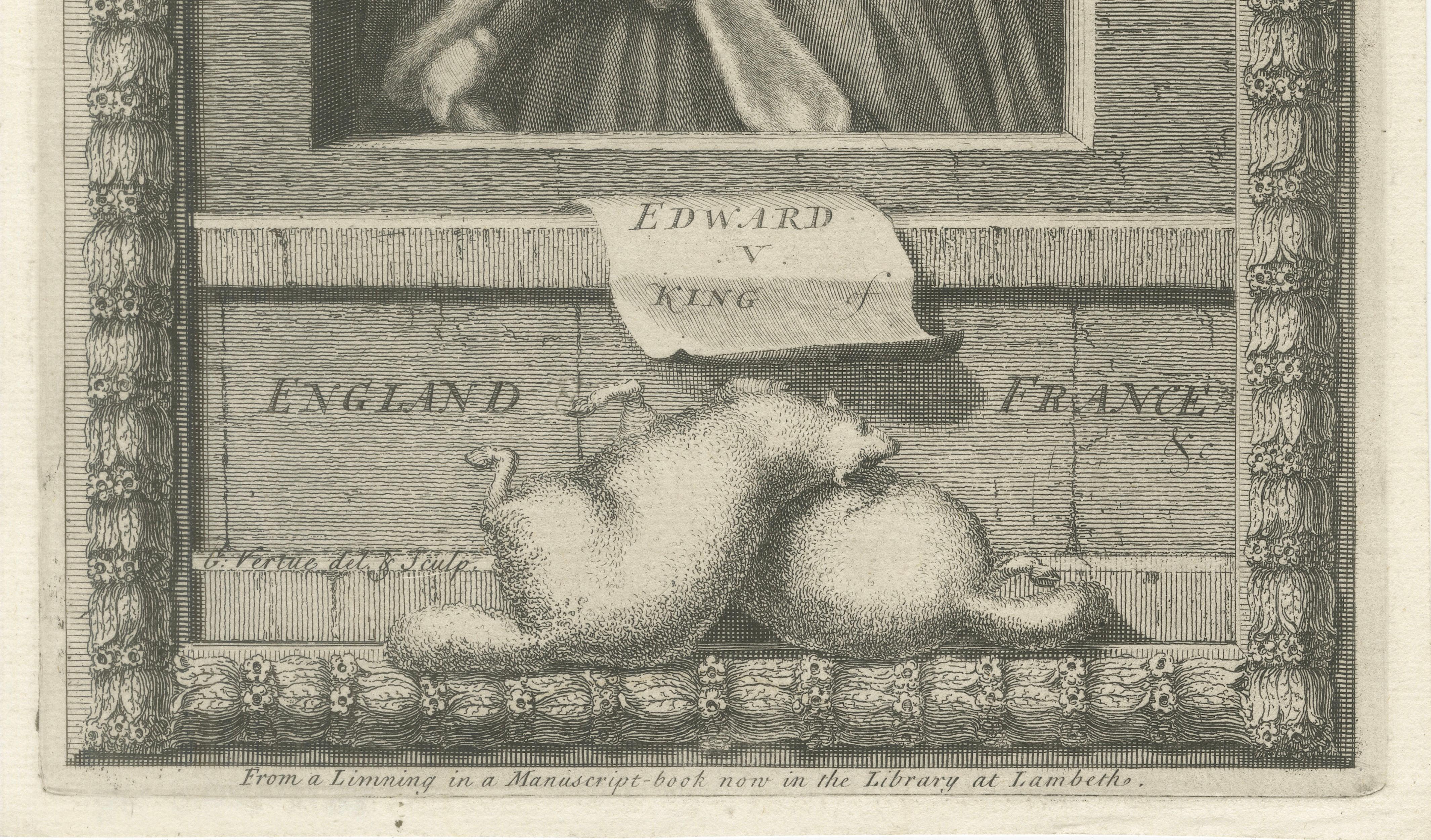 King Edward V Portrait Engraving, Princes in the Tower, Vertue, c.1732
