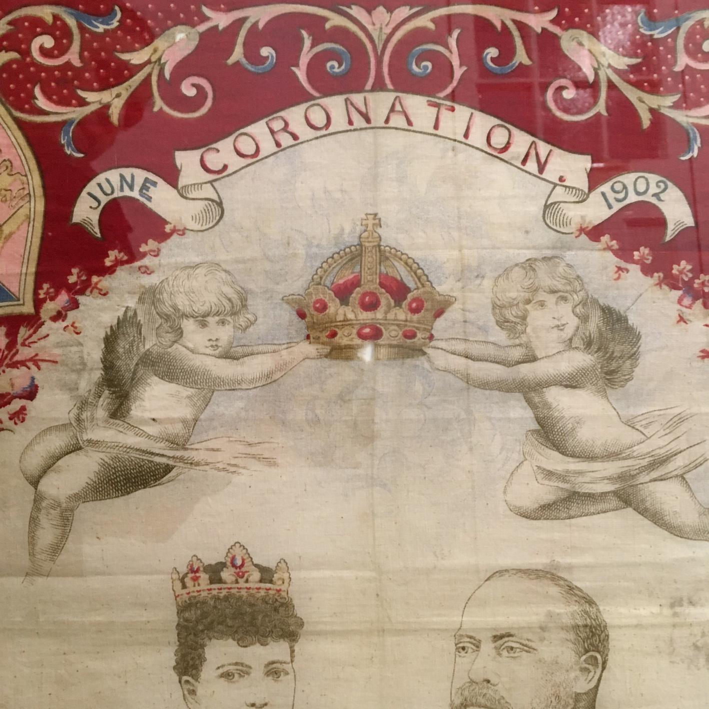 King Edward VII coronation, June 1902 framed scarf / flag.

This scarf is an original antique piece of British history and patriotic memorabilia.

This was made for the celebration of the Coronation in 1902.

There are age related signs of use