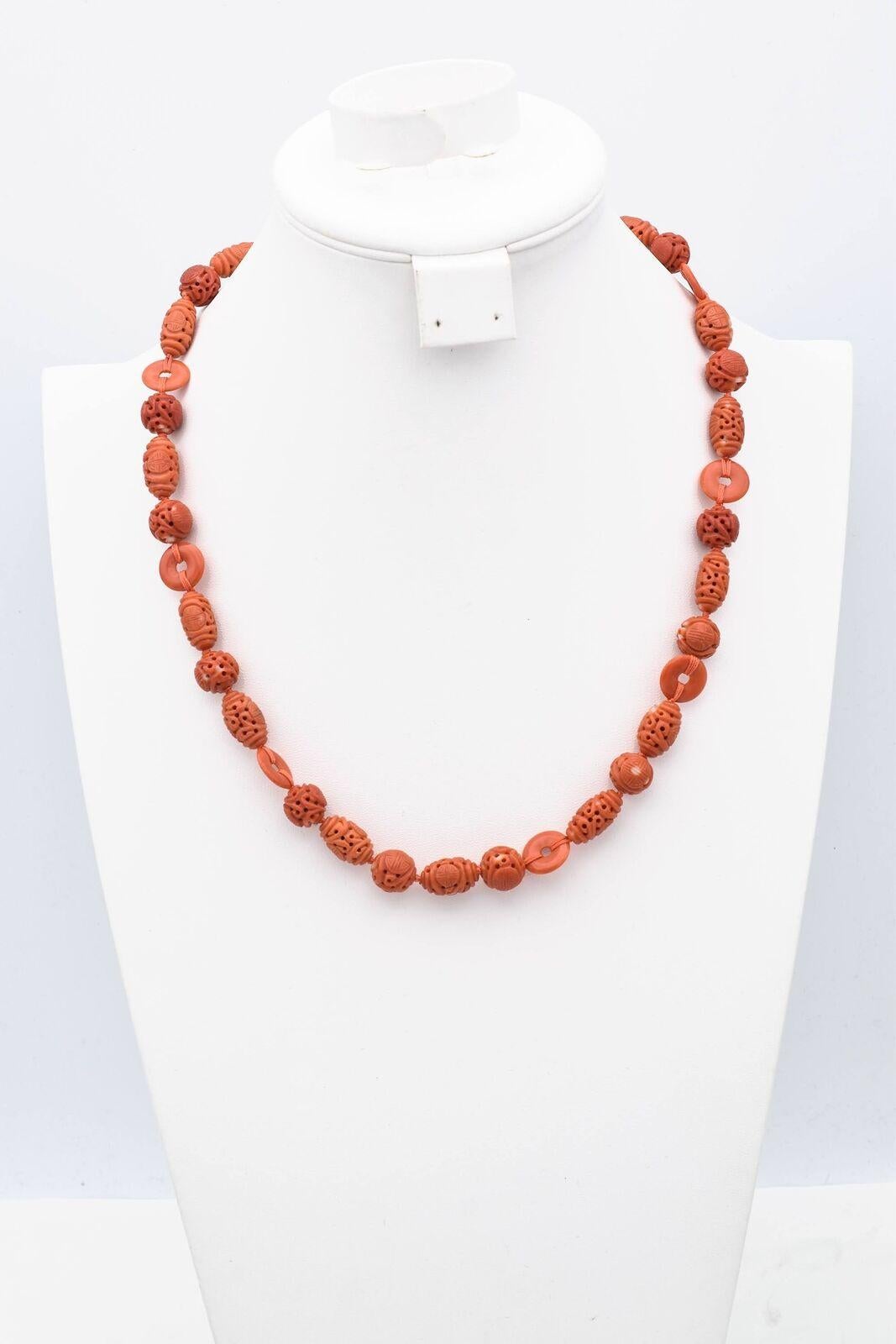 Round Cut King Fook Carved Red Coral & Sea Pearl Yellow Gold Beaded Strand Necklace For Sale