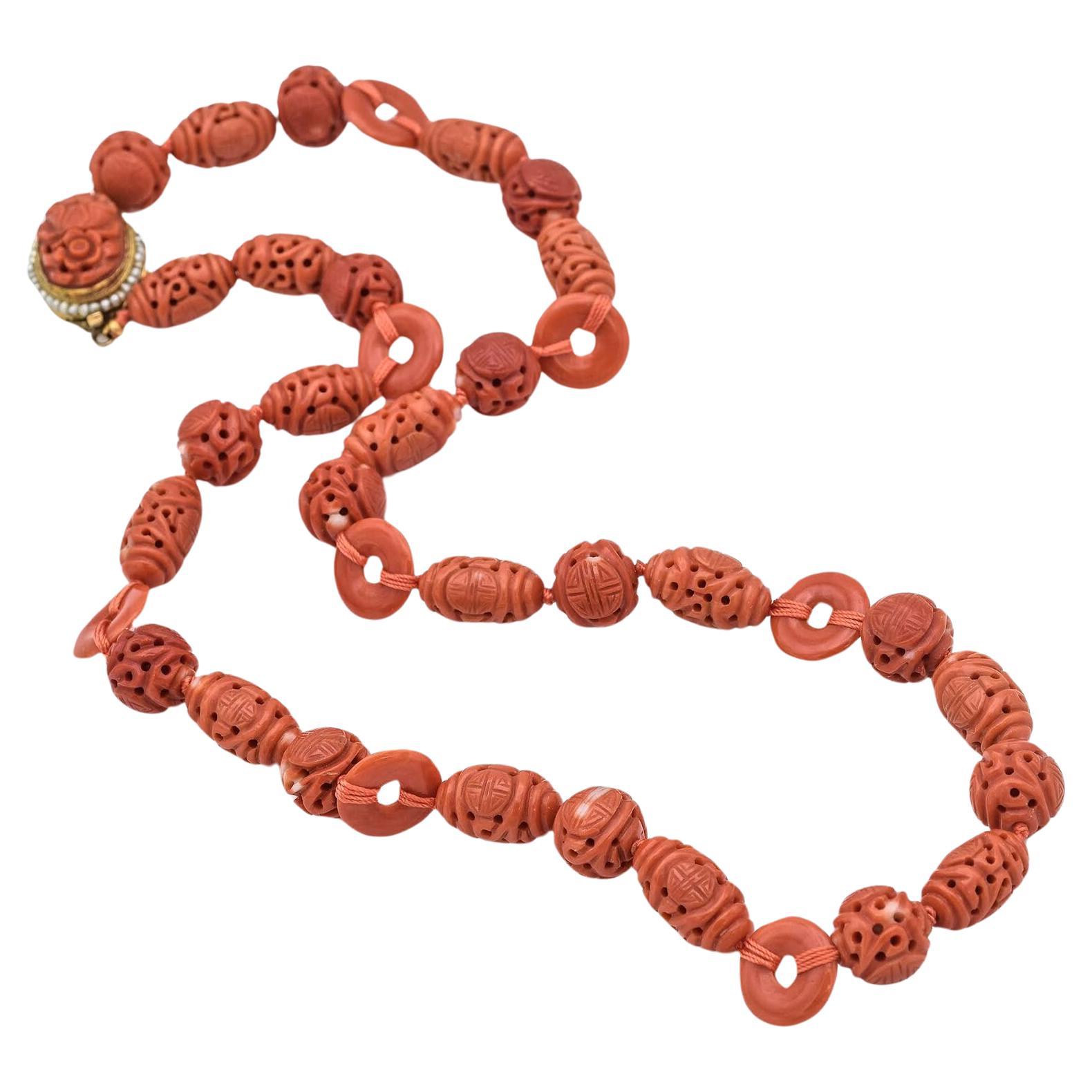 King Fook Carved Red Coral & Sea Pearl Yellow Gold Beaded Strand Necklace For Sale