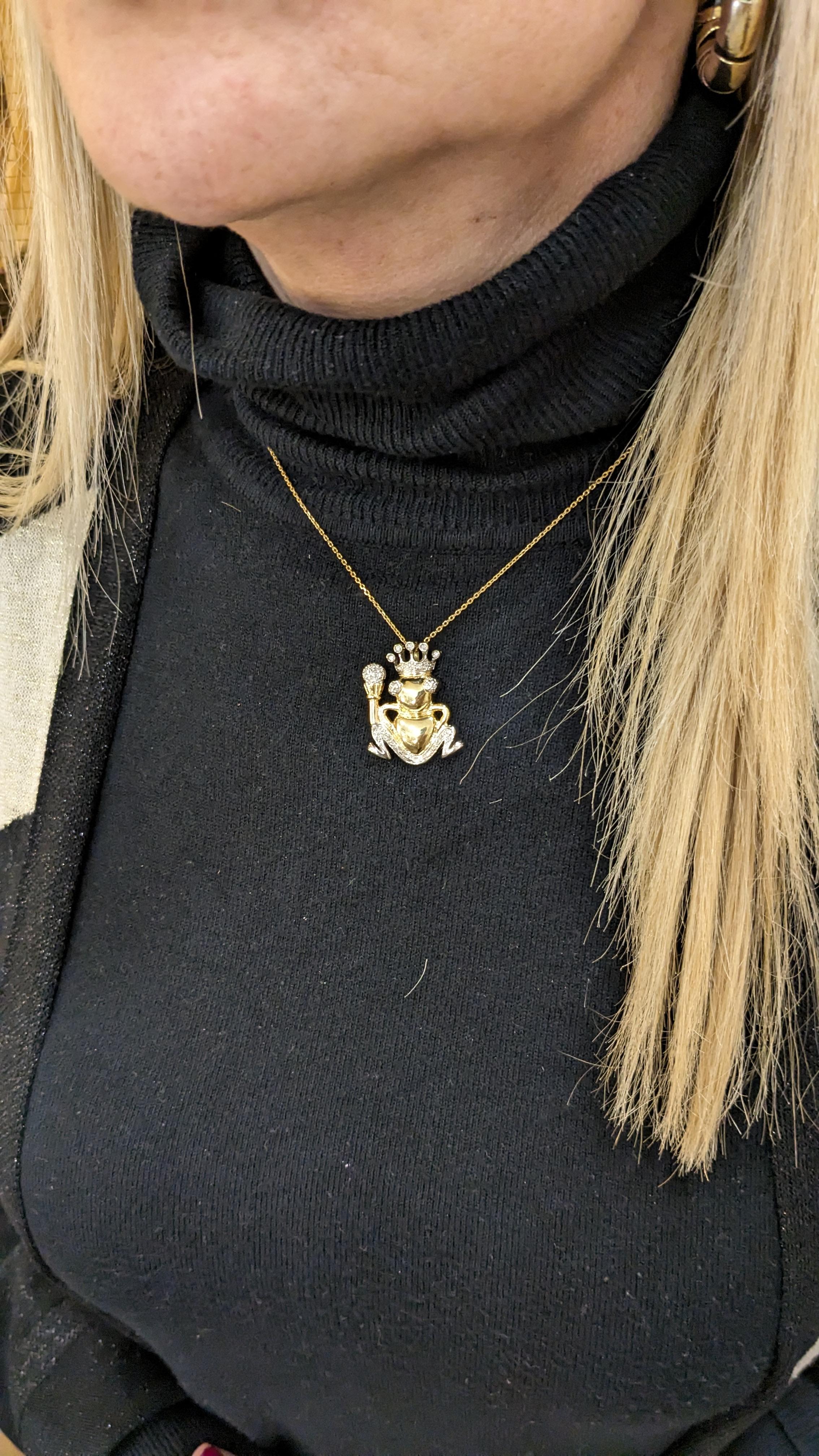 Women's or Men's King Frog Pendant  in Yellow Gold and White Diamonds For Sale