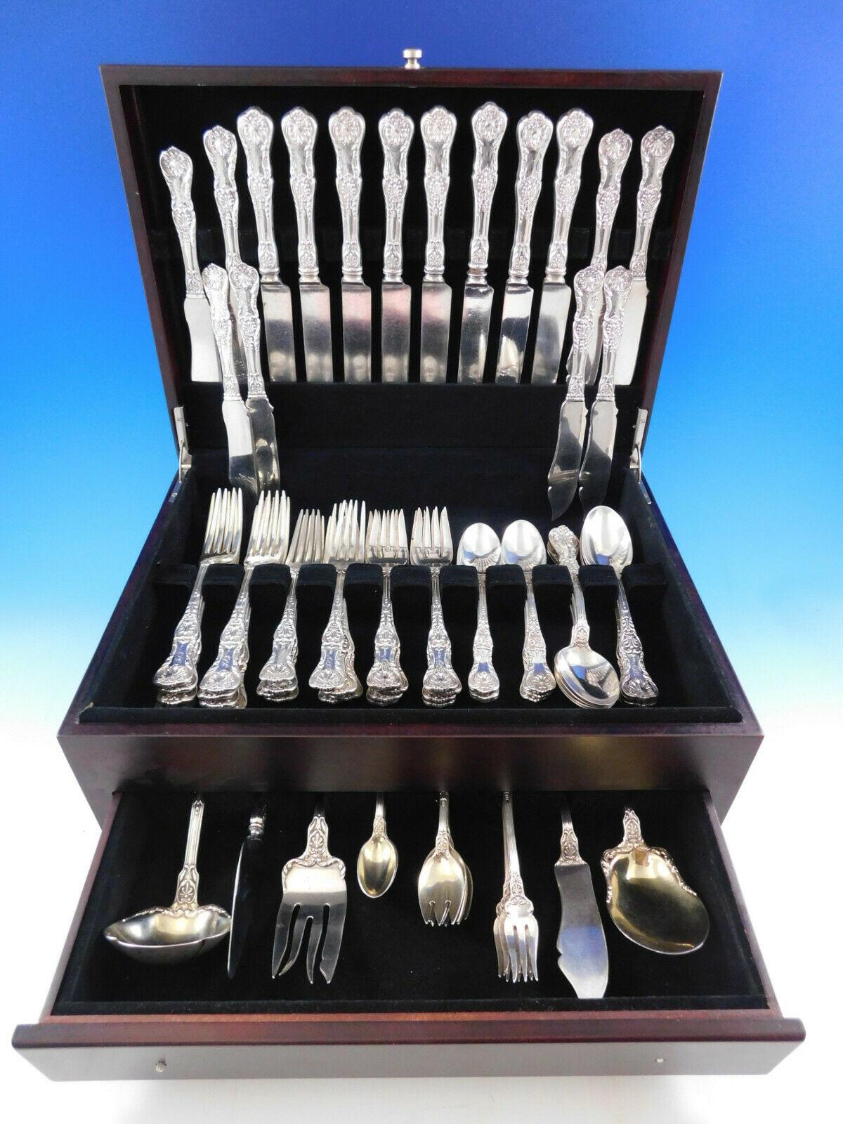 Dinner size King George by Gorham sterling silver flatware set - 85 pieces. This set includes:

8 dinner size knives, 9 5/8