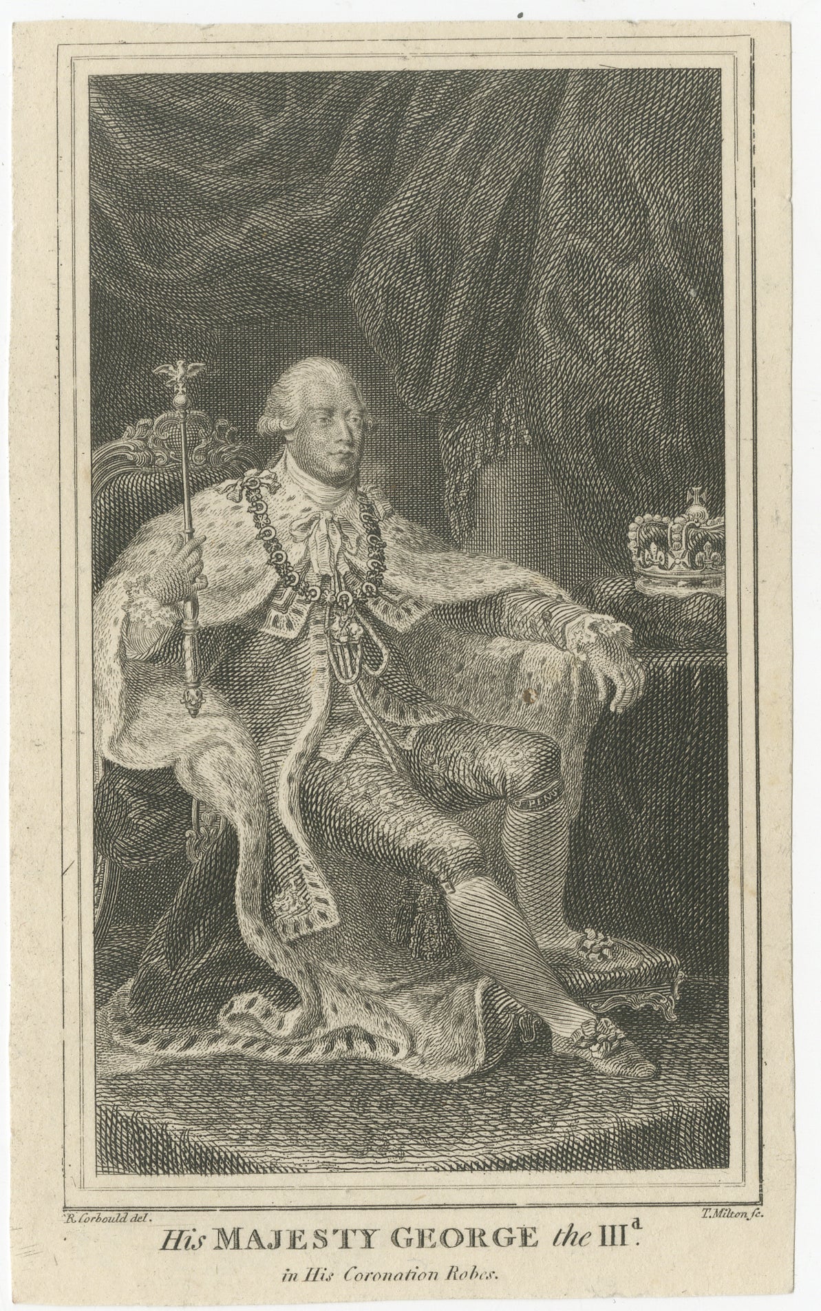 King George III in Coronation Robes, Small Antique Engraved Portrait, c.1780