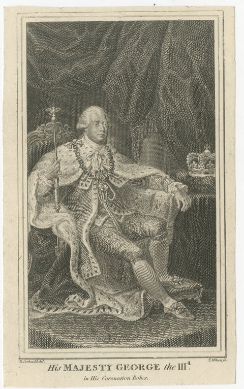 King George III in Coronation Robes, Small Antique Engraved Portrait, c.1780