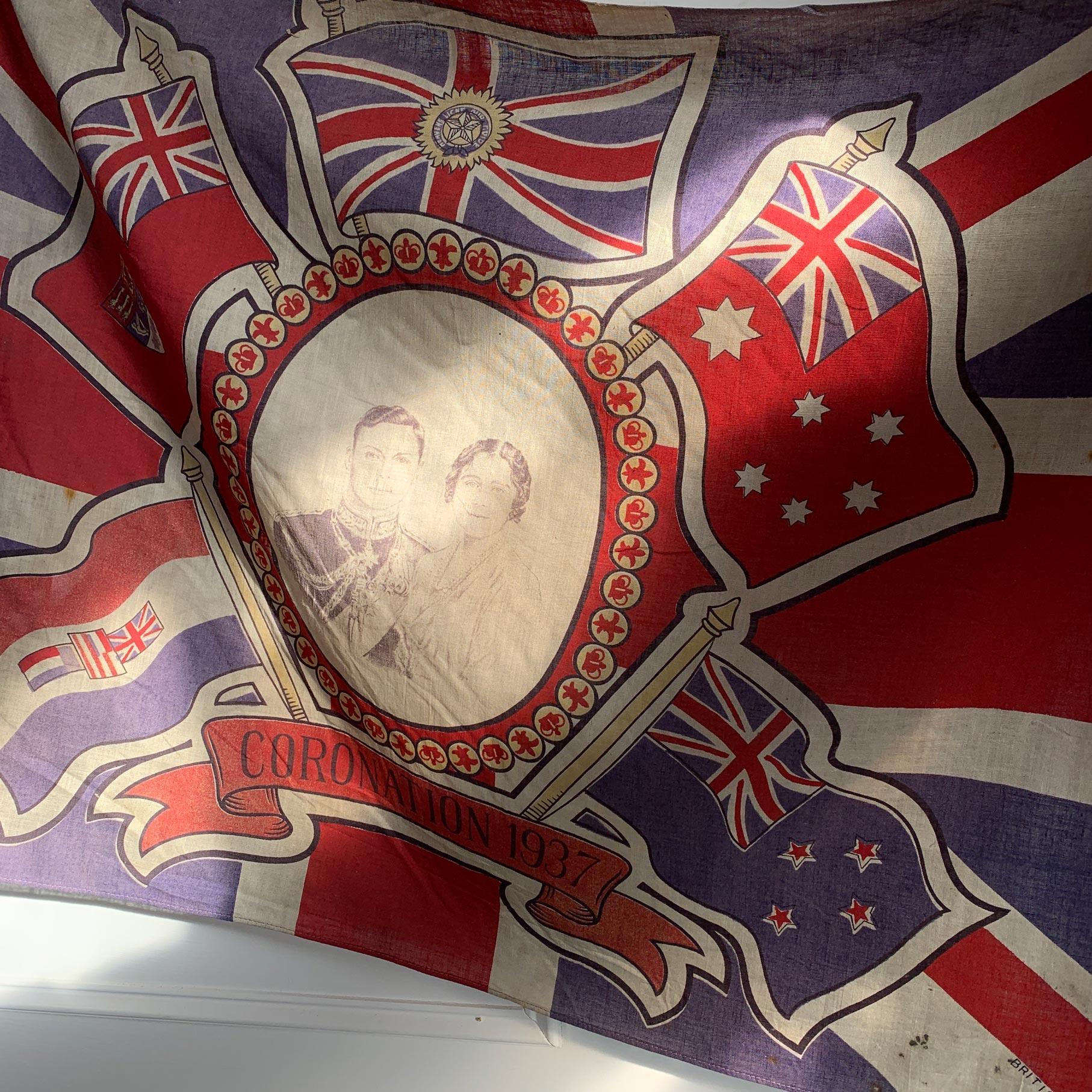 Cotton King George VI and Queen Elizabeth the Queen Mother Coronation Flag, 1937 For Sale