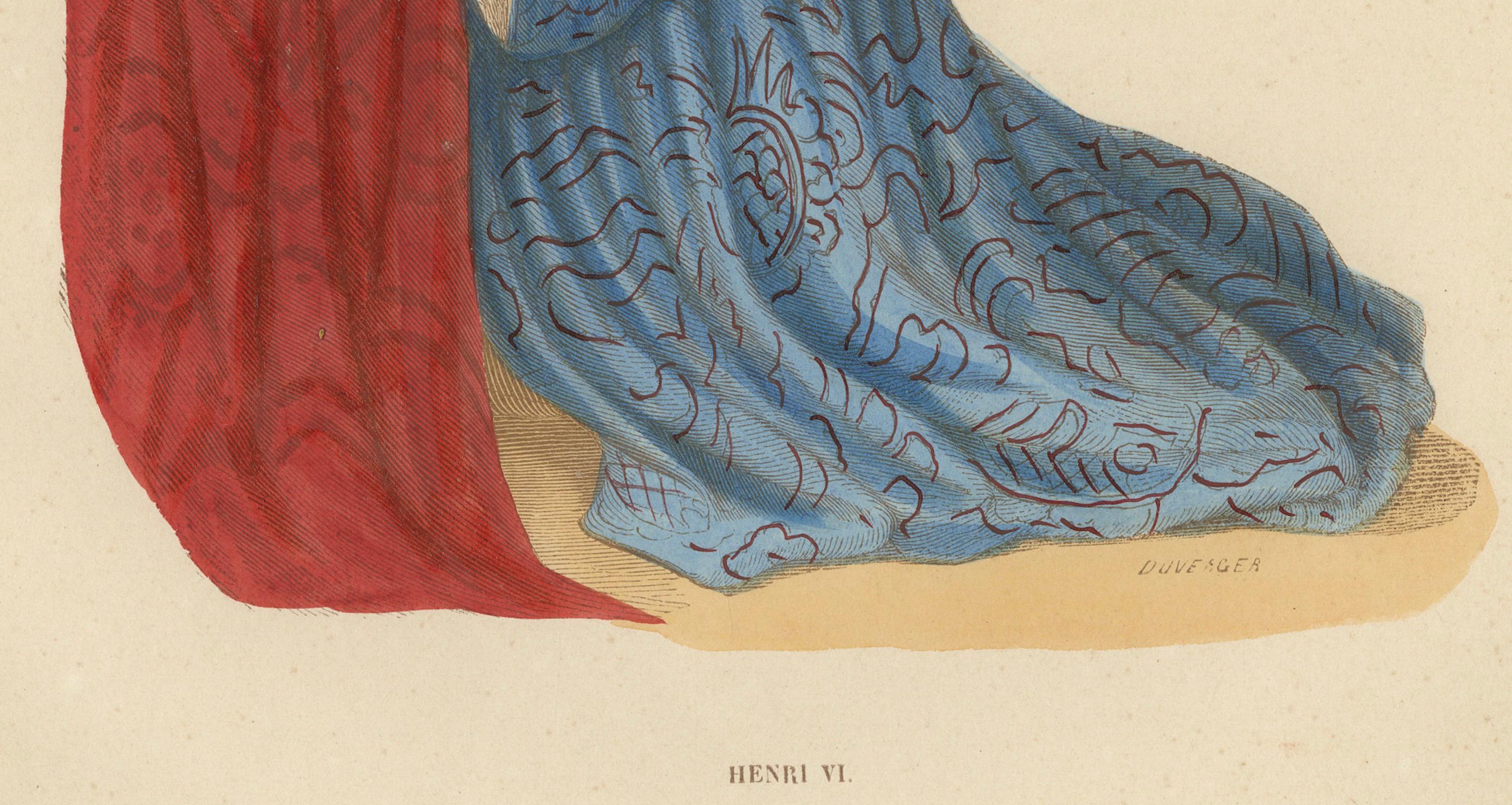 Dieser Druck stellt König Heinrich VI. von England in einer königlichen und kontemplativen Pose mit zum Gebet gefalteten Händen dar. Er trägt ein blaues Gewand mit einem Muster, das auf Opulenz und Königtum schließen lässt, sowie einen
