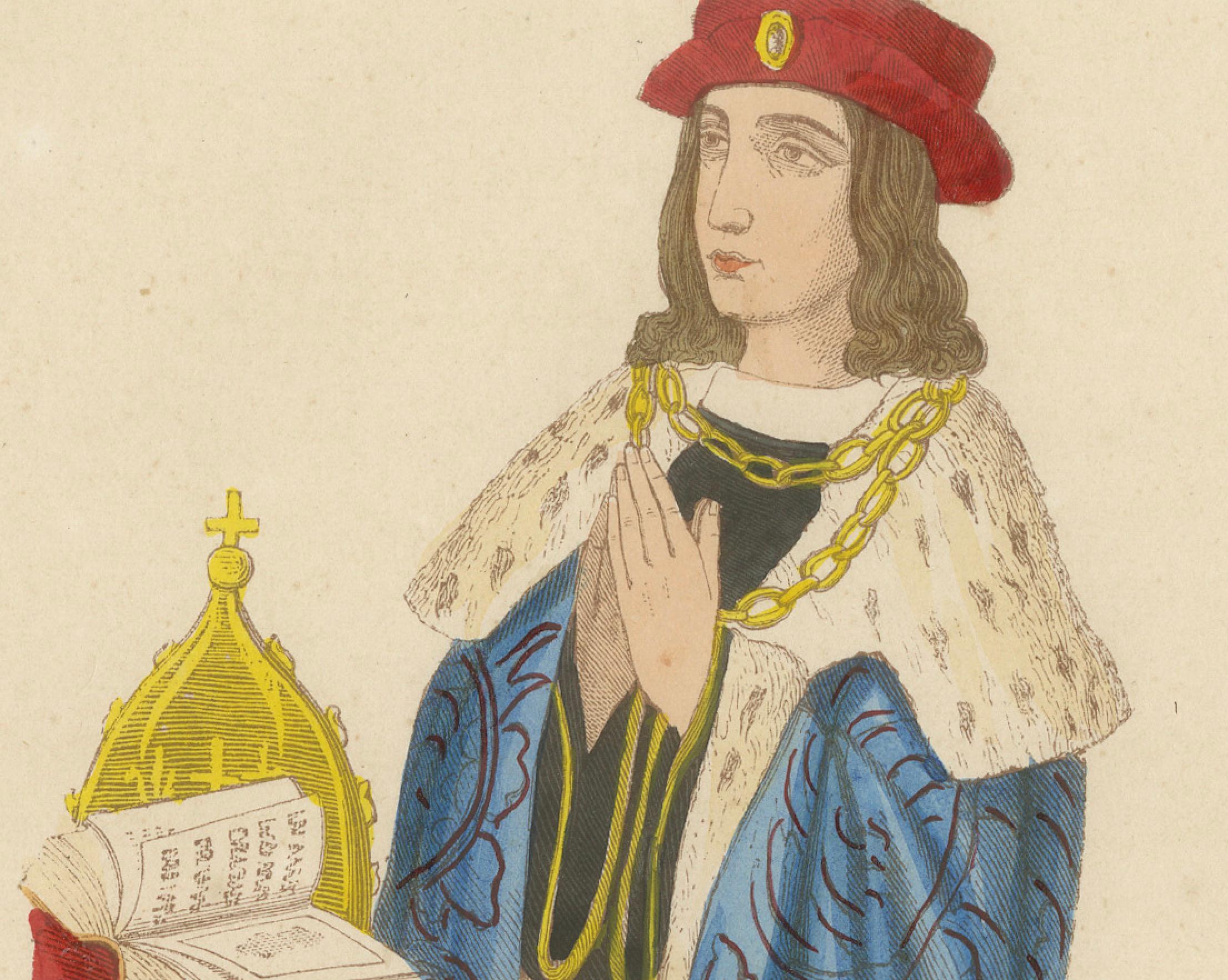 King Henry VI in Prayer, Original Hand-Colored Lithograph, 1847 In Good Condition For Sale In Langweer, NL