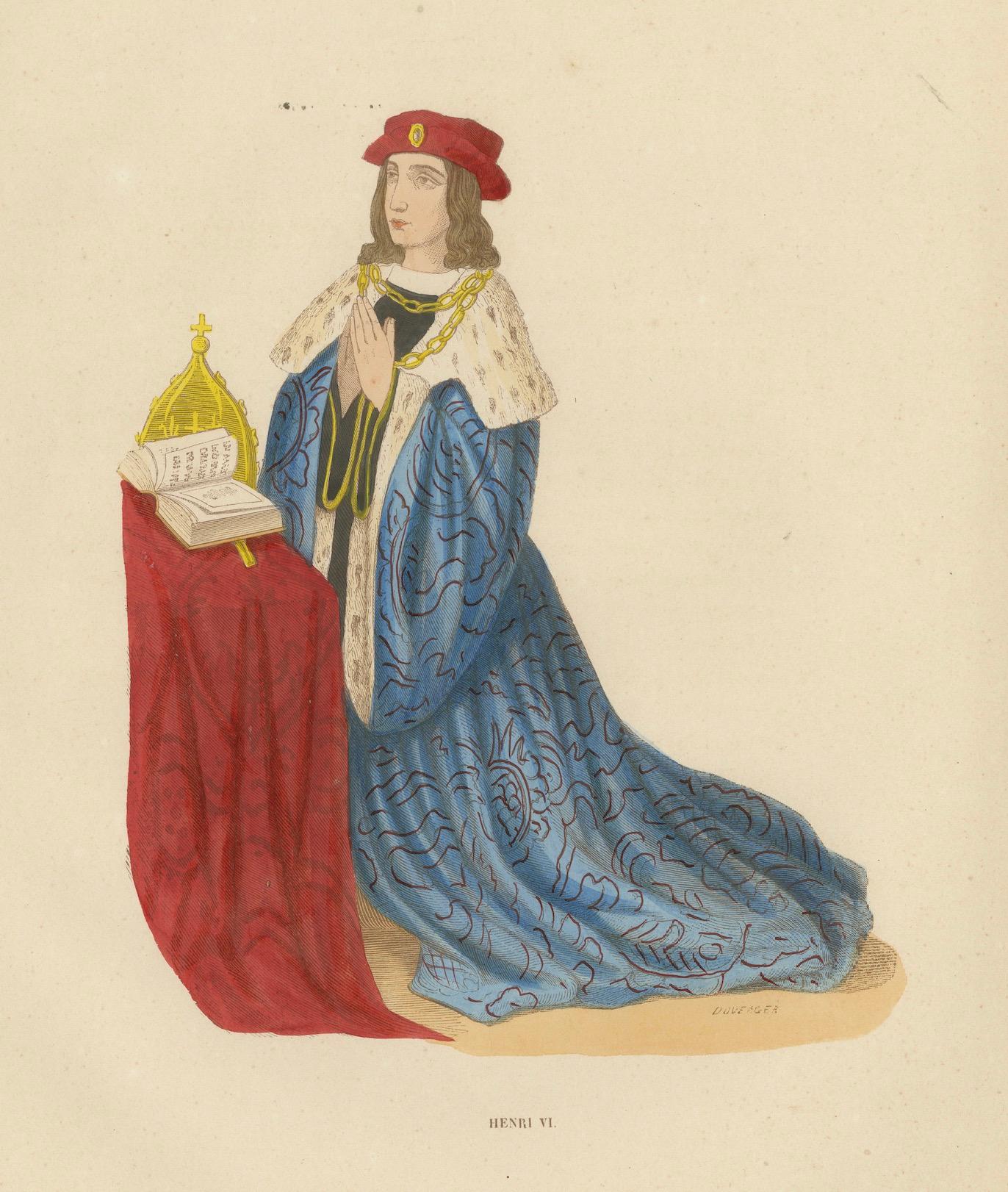 Mid-19th Century King Henry VI in Prayer, Original Hand-Colored Lithograph, 1847 For Sale