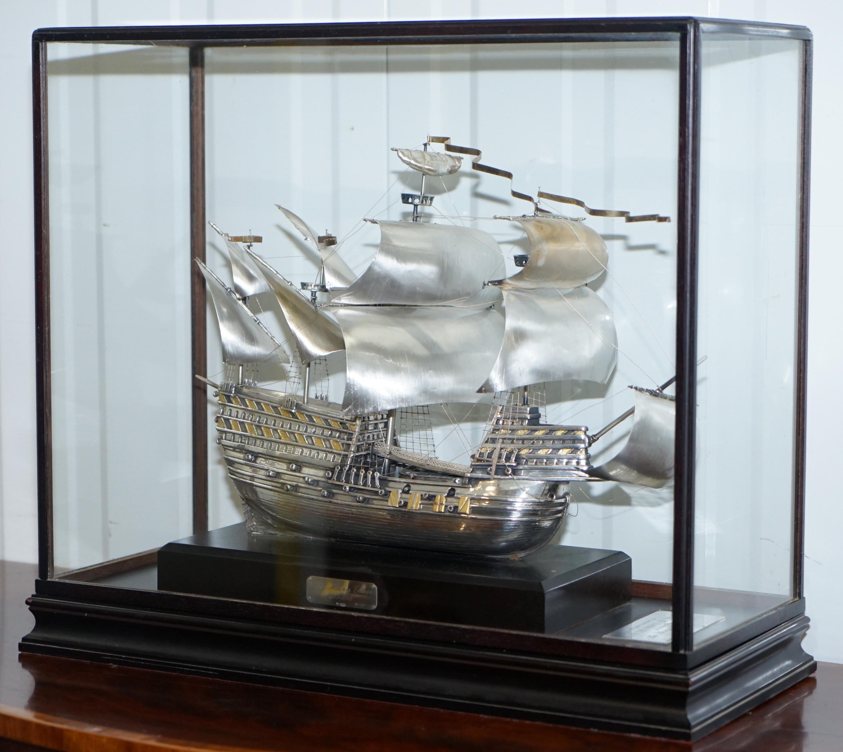 We are delighted to offer for sale this stunning model of King Henry VIII Mary Rose ship with sterling silver plaques one of which states “As Presented to H.R.H The Prince Charles” 

This ship is magnificent and quite large, it is silver plated I