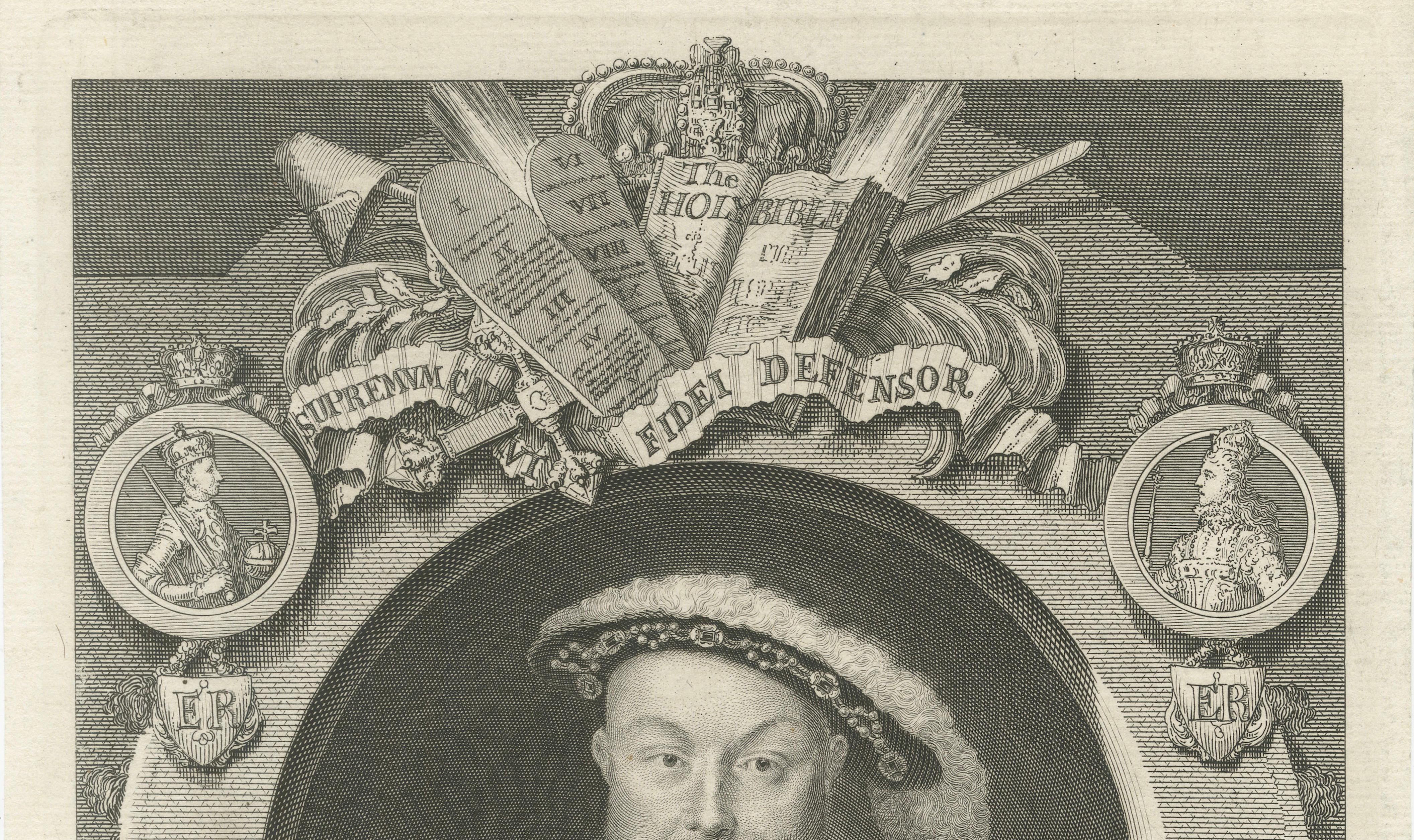 King Henry VIII Portrait Engraving, Tudor Royal Image, Vertue, c.1736