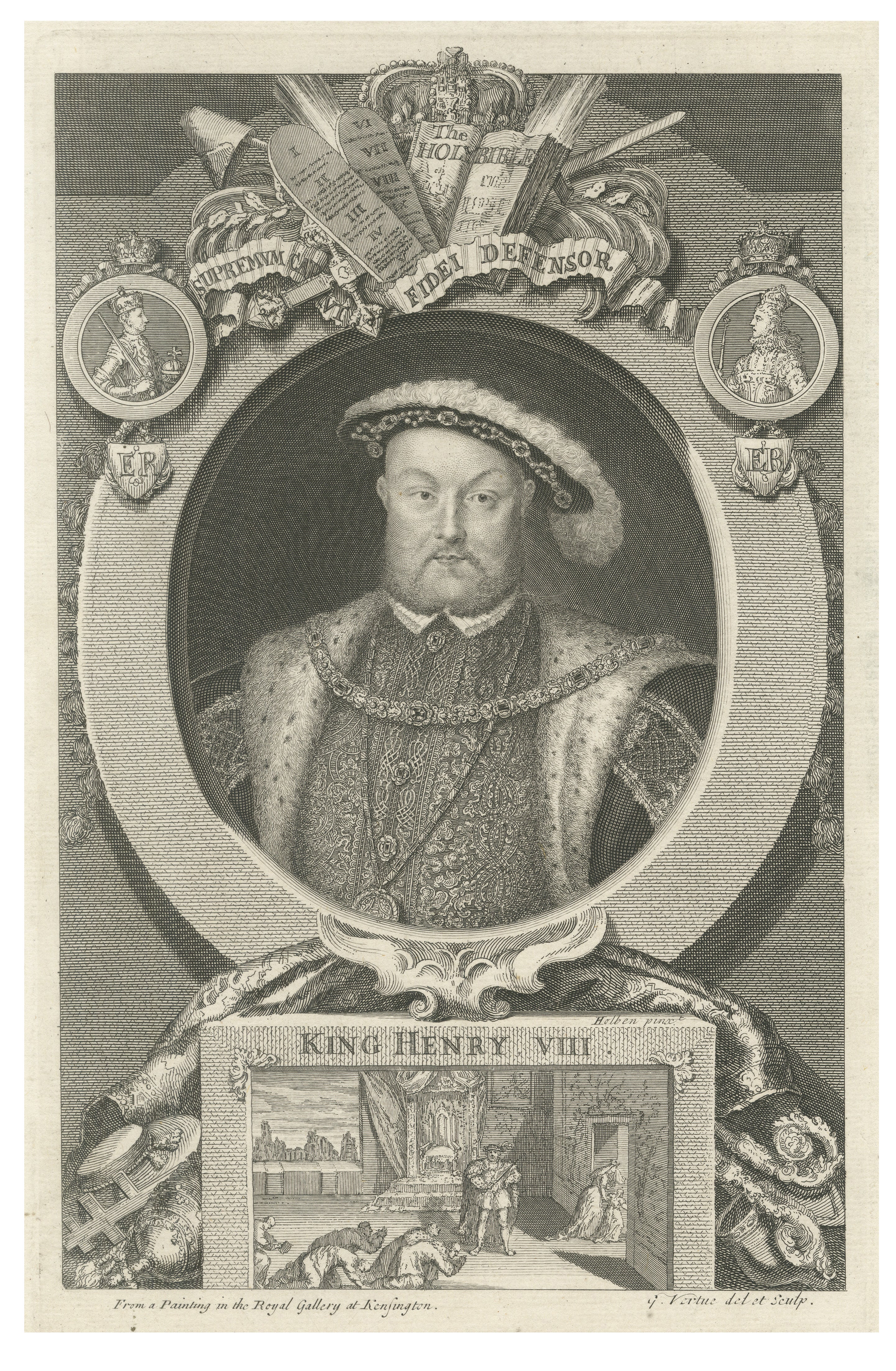 King Henry VIII Portrait Engraving, Tudor Royal Image, Vertue, c.1736