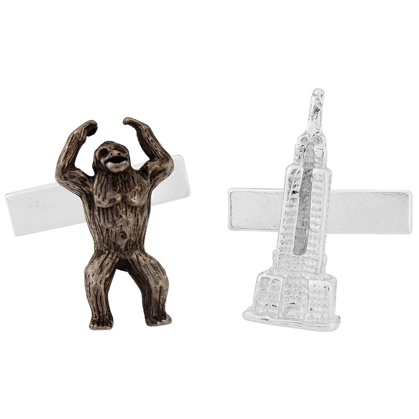 King Kong and Empire States Cufflinks in Sterling Silver and black Rhodium For Sale