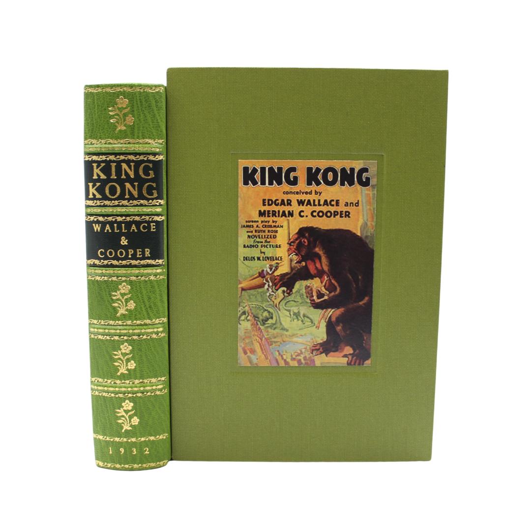 Lovelace, Delos W. King Kong. New York: Grosset & Dunlap, 1932. 8vo. Rebound in 1/4 green leather and cloth boards, with raised bands, gilt stamps, and gilt titles to spine. New matching archival slipcase.

Presented is a first edition of Delos W.