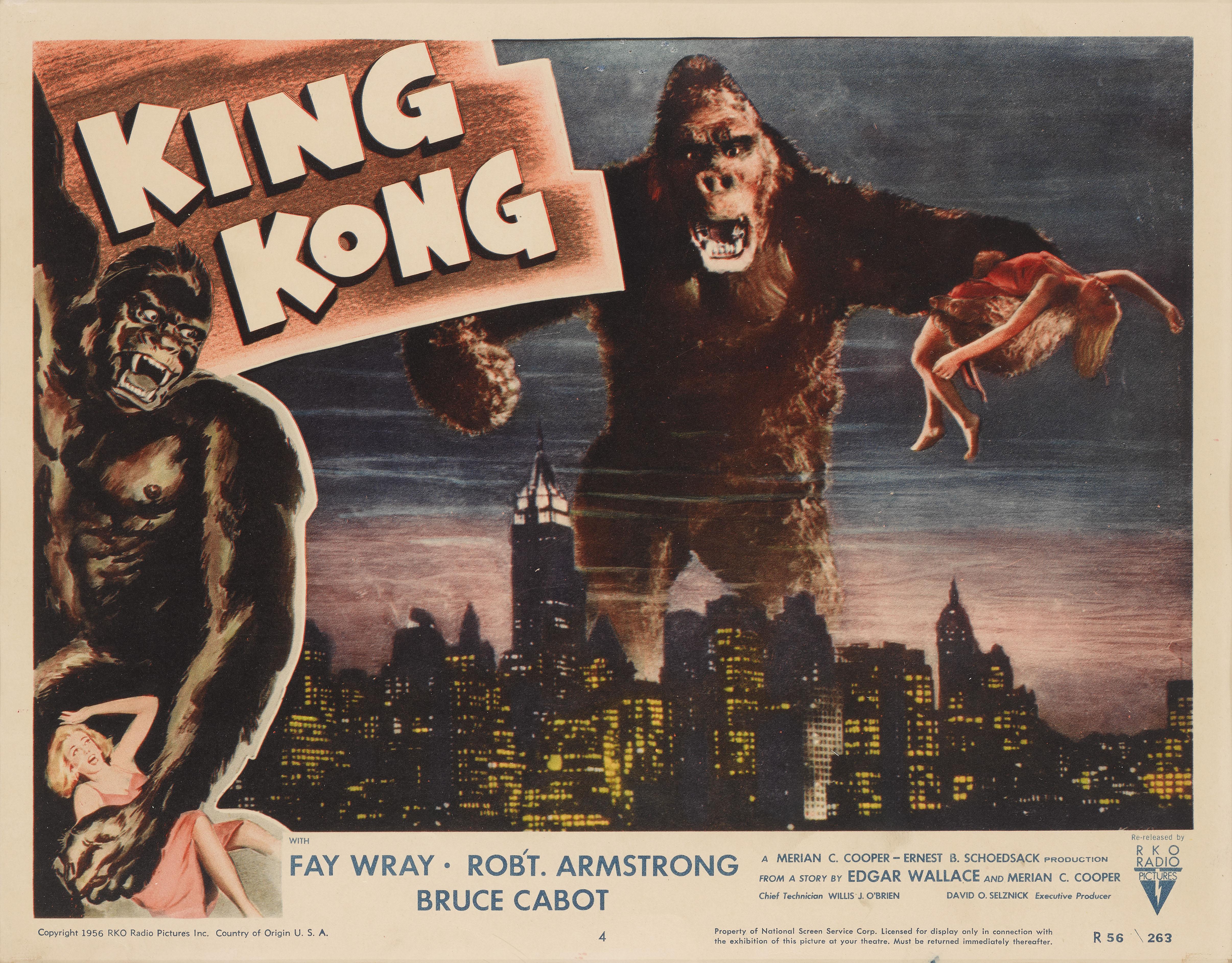 Original Us-Lobbykarte  für eine Neuauflage des Films im Jahr 1956 verwendet.
King Kong ist die perfekte Mischung aus Abenteuer, Science-Fiction und Horror, King Kong ist der ultimative Monsterfilm. Willis O'Briens Einsatz von Stop-Motion-Effekten