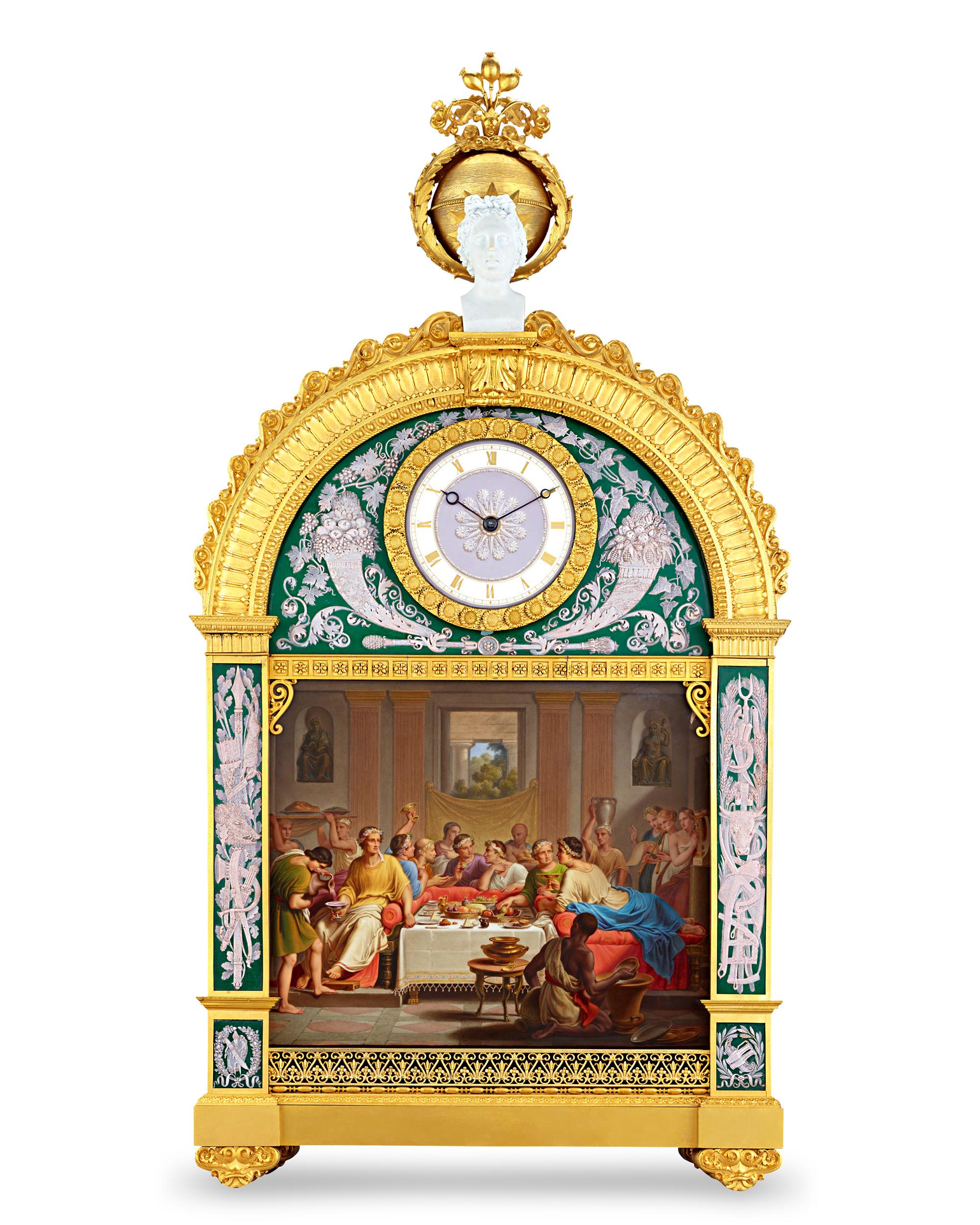 Originally commissioned by King Louis Philippe I of France for his Palace of Saint Cloud, this magnificent mantel clock is a horological marvel. As functional as it is beautiful, the clockwork features a fourteen-day running train with a Graham