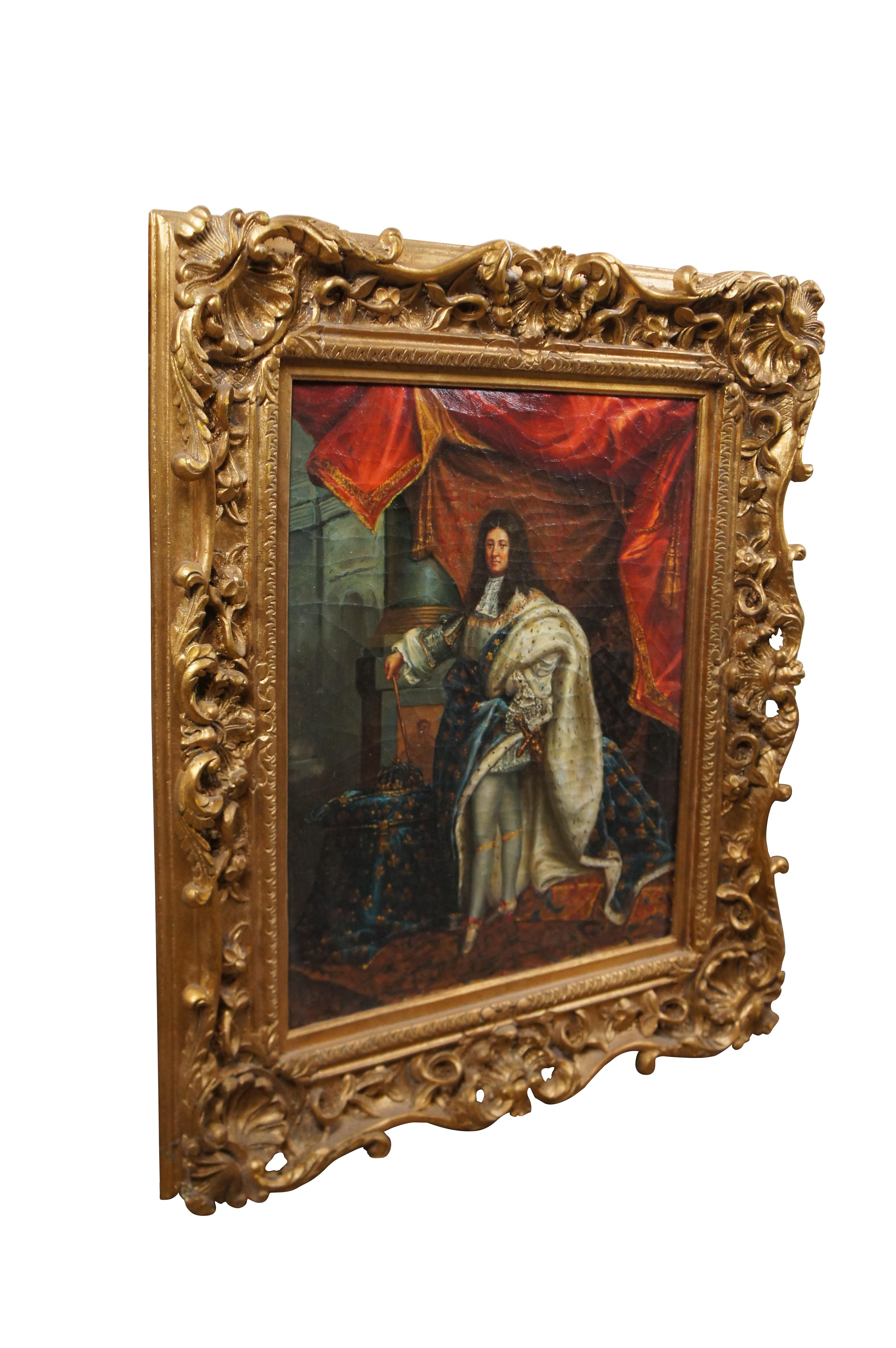 Retrato pintado al óleo a finales del siglo XX según el retrato original del rey Luis XIV por Hyacinthe Rigaud. El original fue pintado en 1701 y está expuesto en el Museo de Bellas Artes de Montreal. Este cuadro fue ejecutado sobre lienzo con