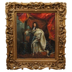 Retrato al óleo del rey Luis XIV con vestiduras reales según Hyacinthe Rigaud 30".