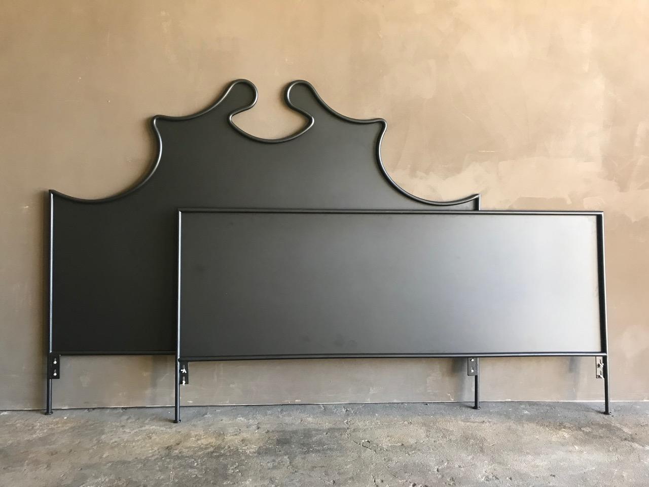 This beautiful Louis XV style headboard is part of the custom Tara Shaw Maison collection. Handcrafted in New Orleans and finished in matte black powder coating. Showroom sample - king Size Louis XV iron headboard and footboard with side rails.