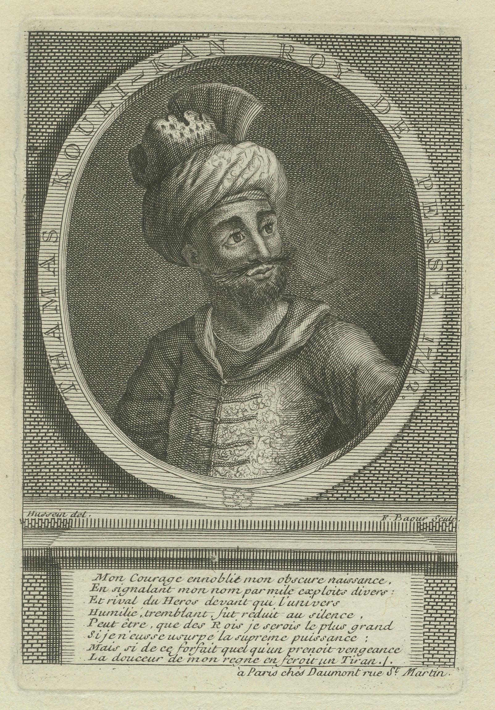 French King Nader Shah of Persia – Thamas Koulikan, 18th Century Engraving For Sale