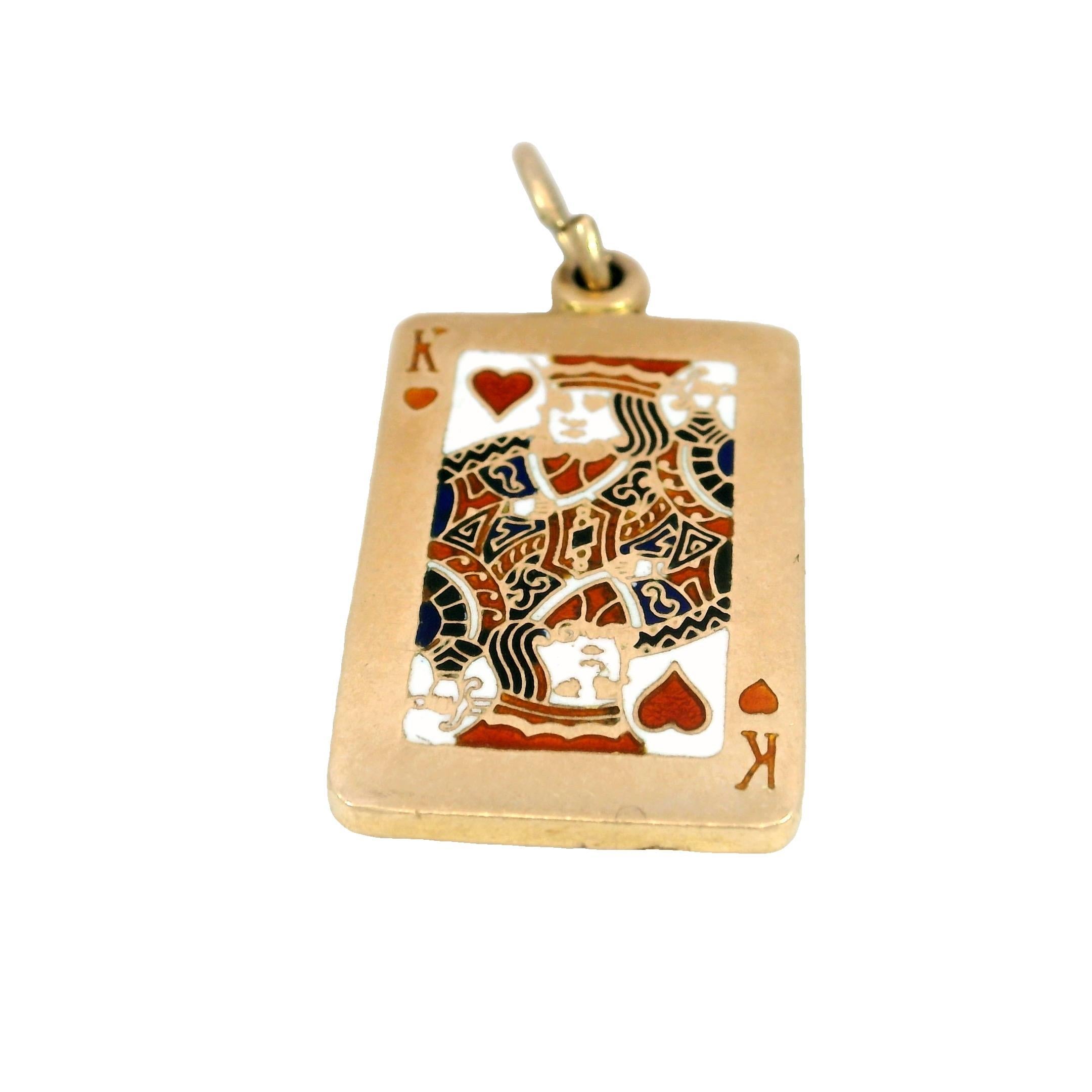 King of Hearts Charm Pendant 14K Yellow Gold Enamel King Card Vintage

This Vintage 14 Karat Gold King of Hearts Charm Pendant is a striking piece that adds a regal touch to any jewelry collection. Made in 14K yellow gold, the pendant features a