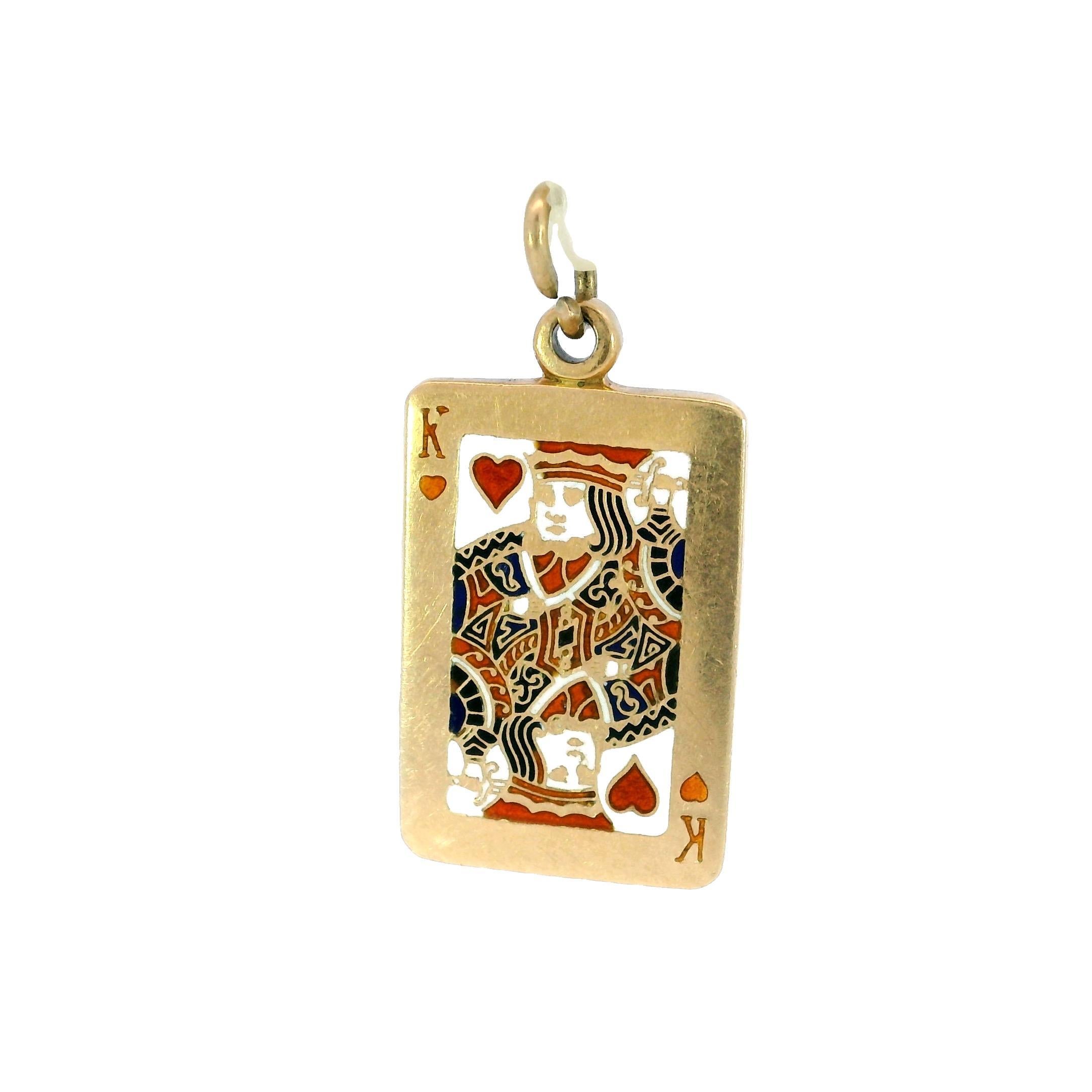 King of Hearts Charm Pendant 14K Yellow Gold Enamel King Card Vintage In Good Condition In Fairfield, CT