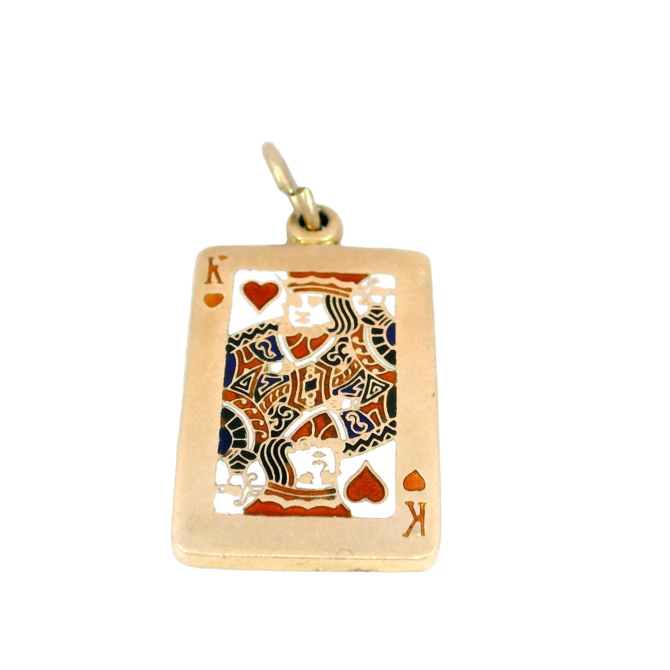 King of Hearts Charm Pendant 14K Yellow Gold Enamel King Card Vintage 2