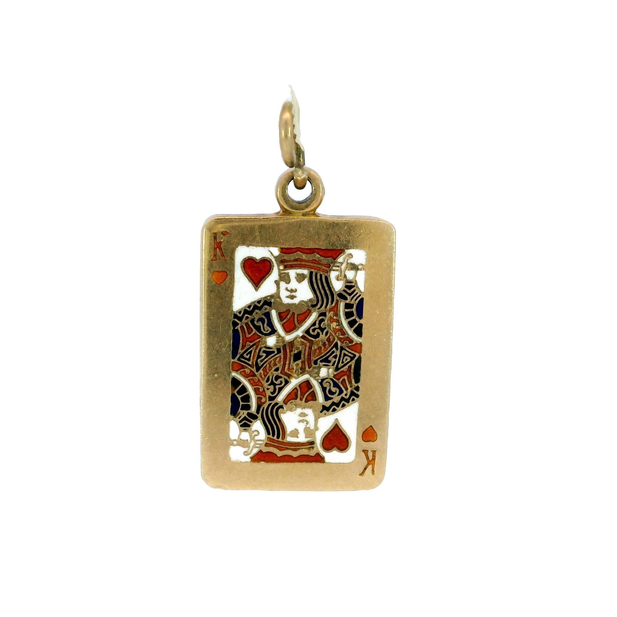 King of Hearts Charm Pendant 14K Yellow Gold Enamel King Card Vintage 3