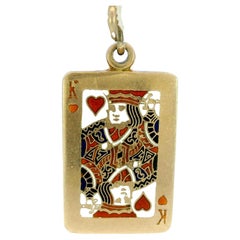King of Hearts Charm Pendant 14K Yellow Gold Enamel King Card Vintage