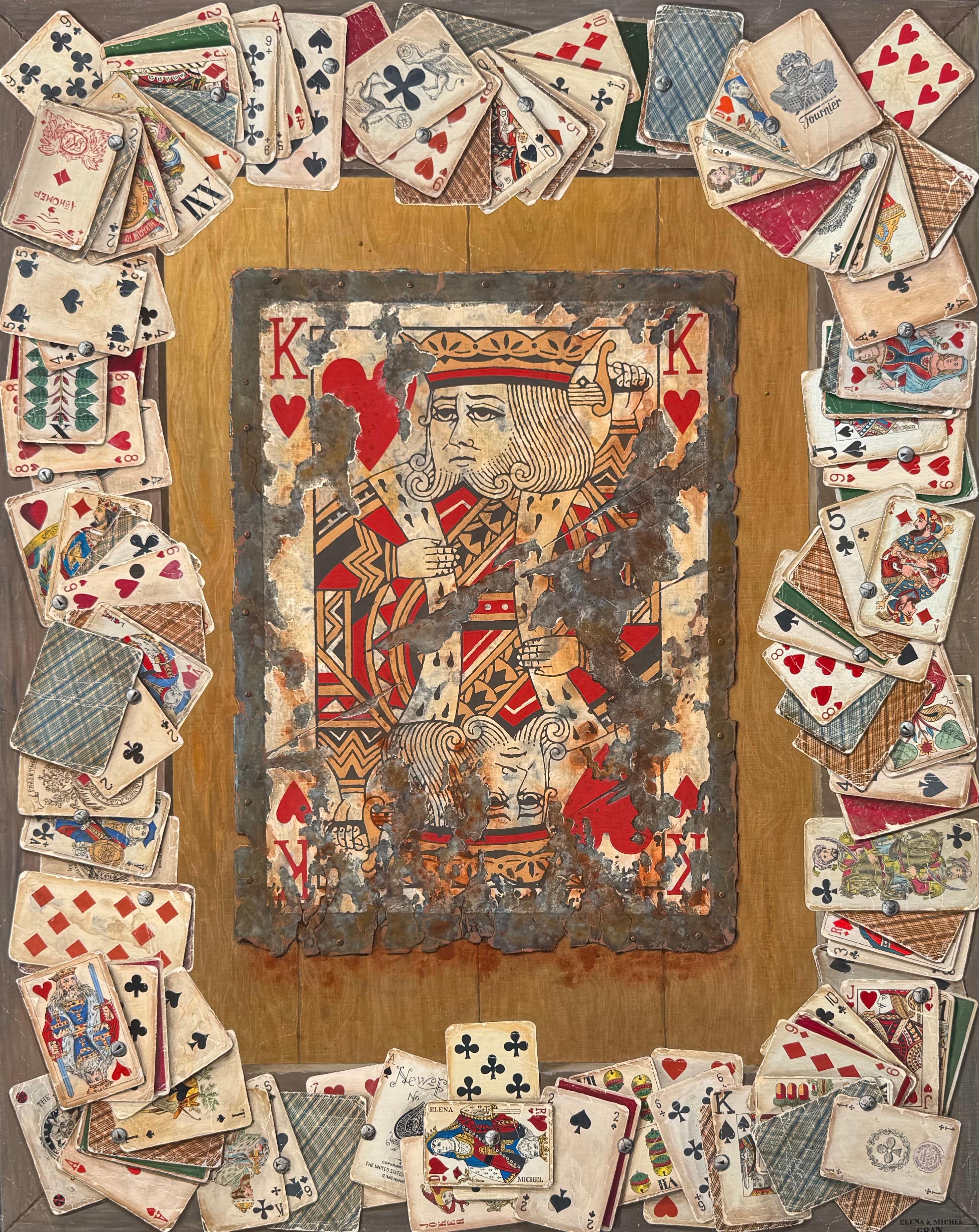 Magnifique peinture sur toile de cartes à jouer dans le style Trompe L'Oeil par Elena et Michel Gran.  Signé dans le coin inférieur droit.  Très bien présenté dans l'ensemble, il est prêt à être accroché et à être apprécié.  Mesure 40