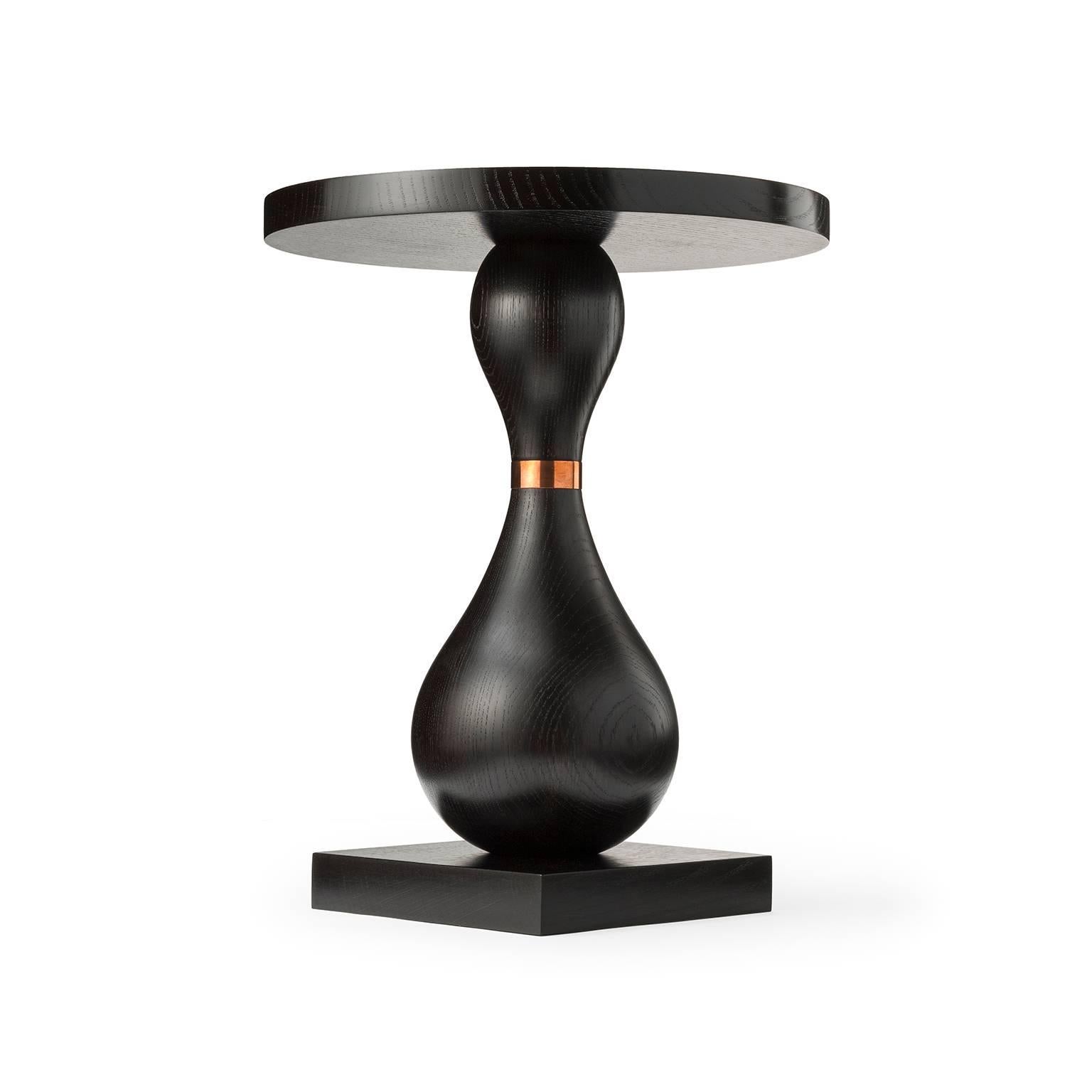 Modern King Pin Occasional Table in Oak or Walnut with Machined Metal Collar For Sale