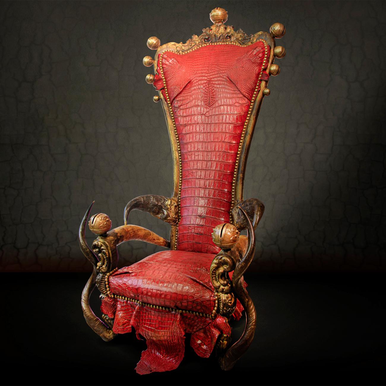 Throne King Red Alligator with structure in solid beech wood.
Upholstered and covered with red tinted alligator skin on seat
and backrest. Back covered with red tinted genuine leather.
With real African buffalo cafer horns and with real zebu