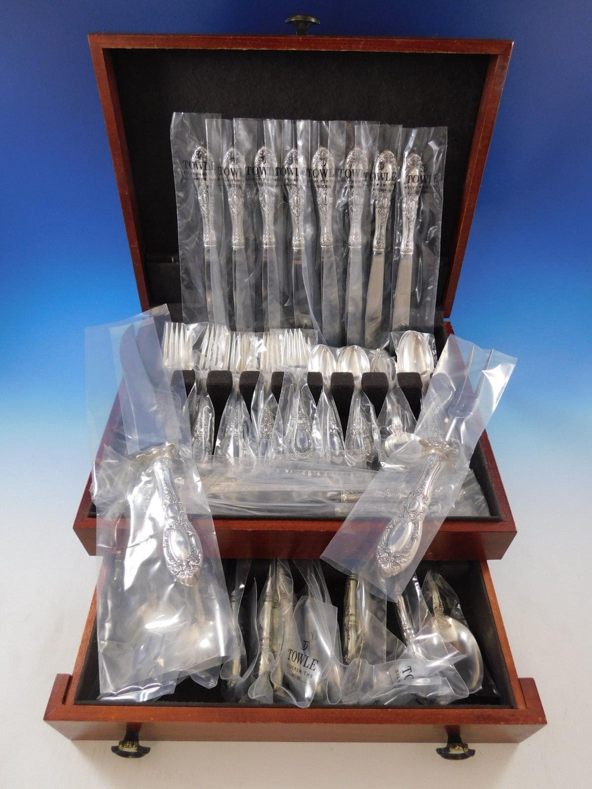 New, unused King Richard by Towle sterling silver flatware set - 70 pieces. This set includes:

Eight dinner size knives, 9 5/8