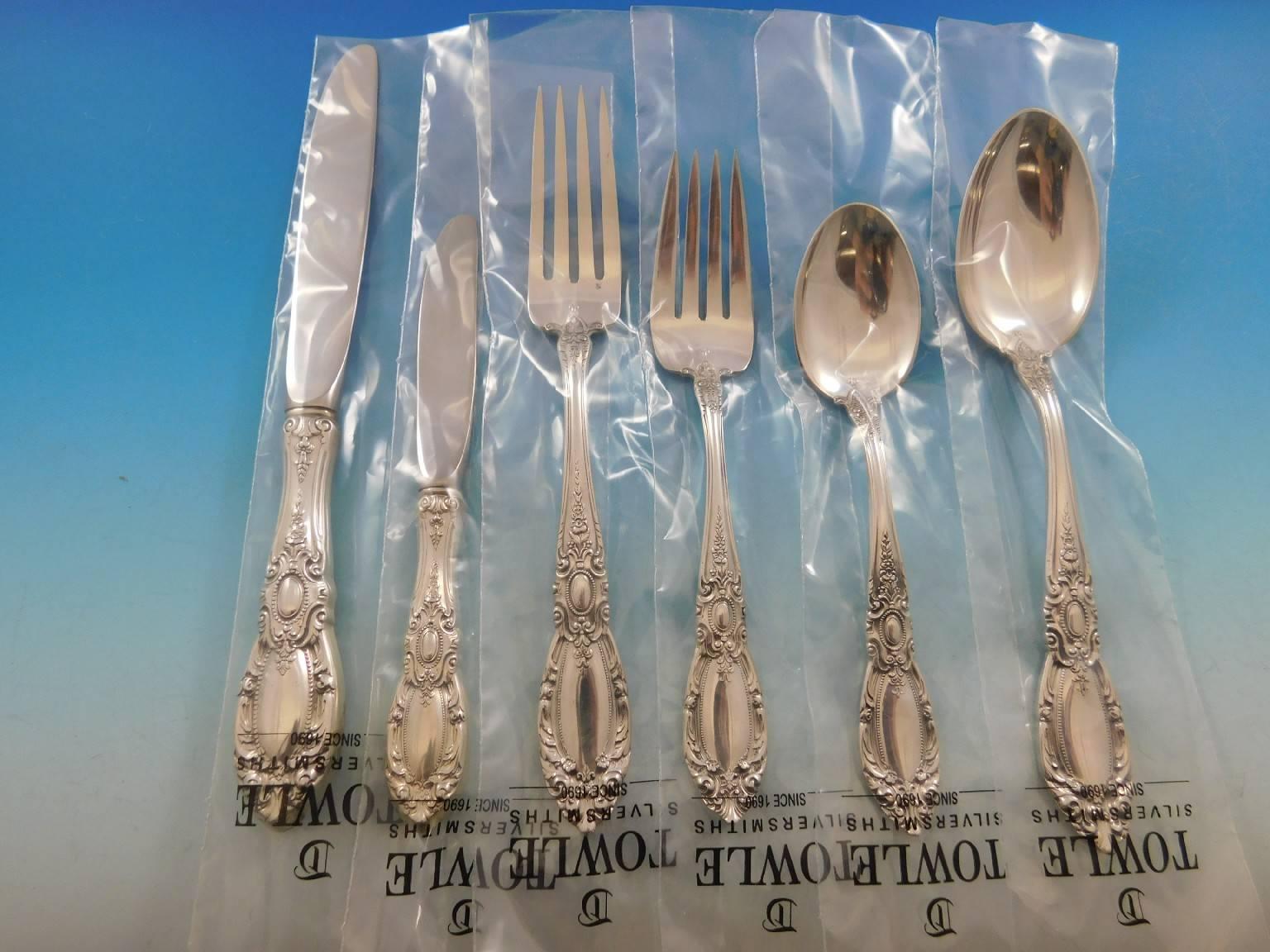 New, unused King Richard by Towle sterling silver flatware set - 72 pieces. This set includes:

12 knives, 8 7/8