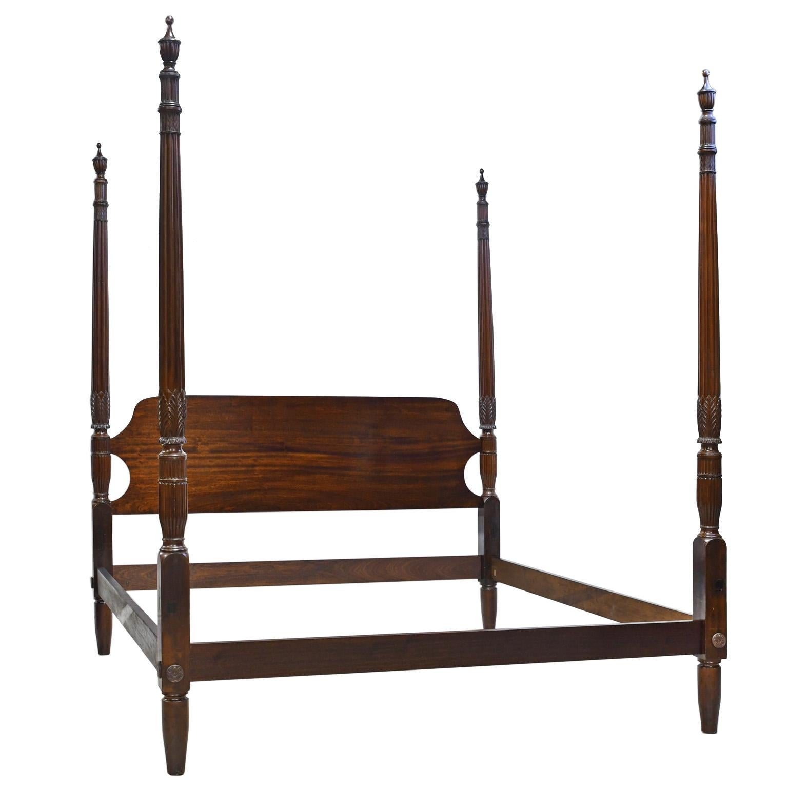 American King Size 4-Poster Sheraton Bed with Carved Posts, Phyfe School, c. 1815