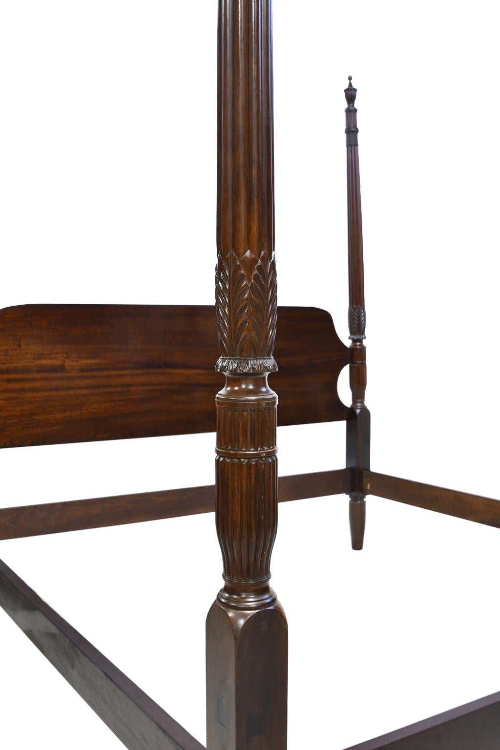 Polished King Size 4-Poster Sheraton Bed with Carved Posts, Phyfe School, c. 1815