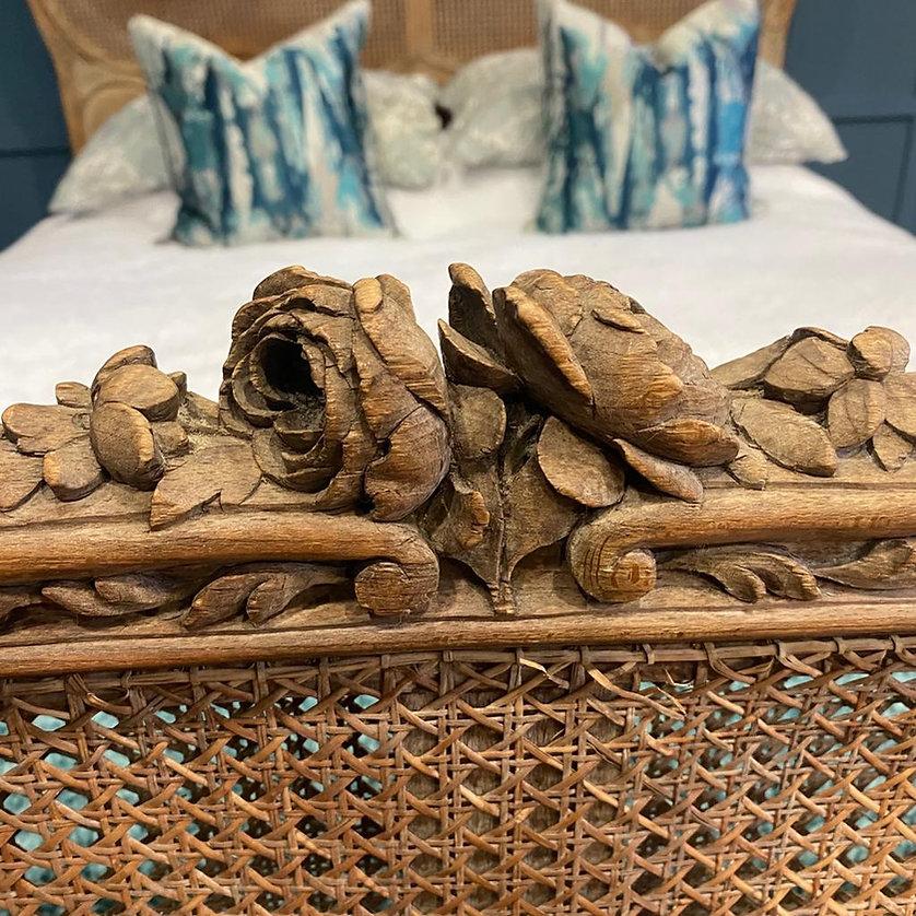 Caning King Size (5') French Antique Caned Bed with Carved Wood Frame