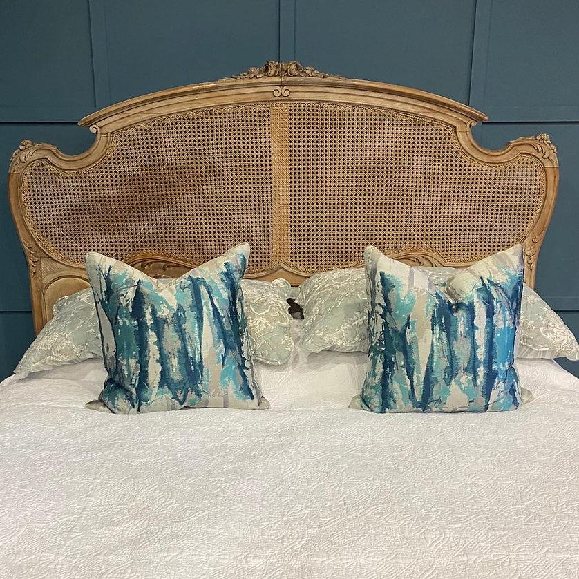 King Size (5') French Antique Caned Bed with Carved Wood Frame In Good Condition In Headley, GB