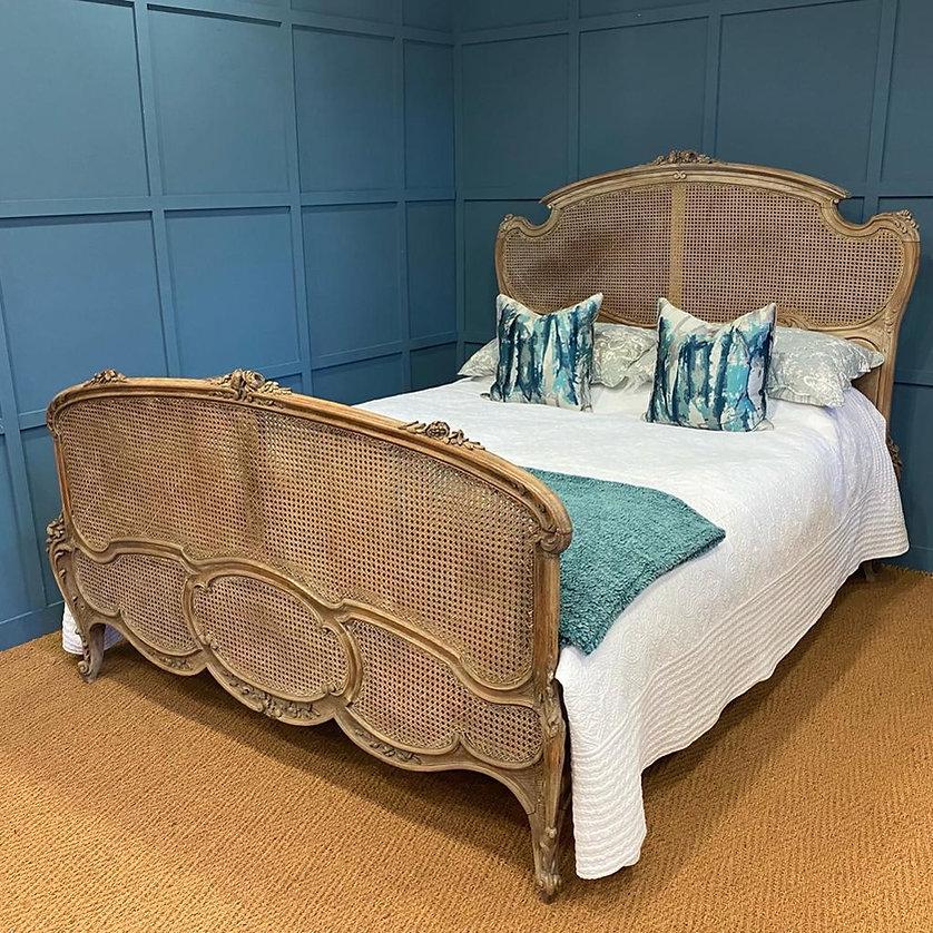 King Size (5') French Antique Caned Bed with Carved Wood Frame 1