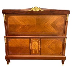 King Size (5') Antique French Walnut Wooden Bed, Ormolu Mounts, Louis XV1 Style