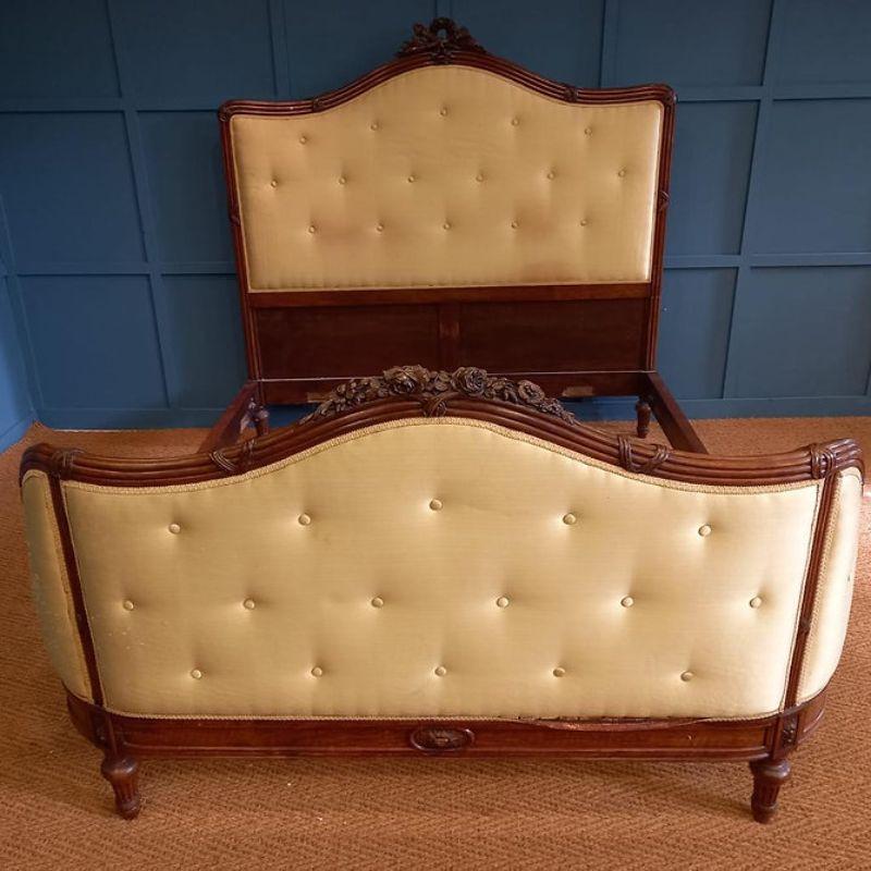 Absolutely cracking bed – mahogany French king size (5' wide) upholstered bed with very detailed carvings and a tall head board and exceptional quality. It would look wonderful in a master bedroom.

The frame will be polished and then upholstered in