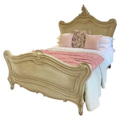 King Size, (5') Antique Painted Wooden Bed Louis XV with Decorative Carvings