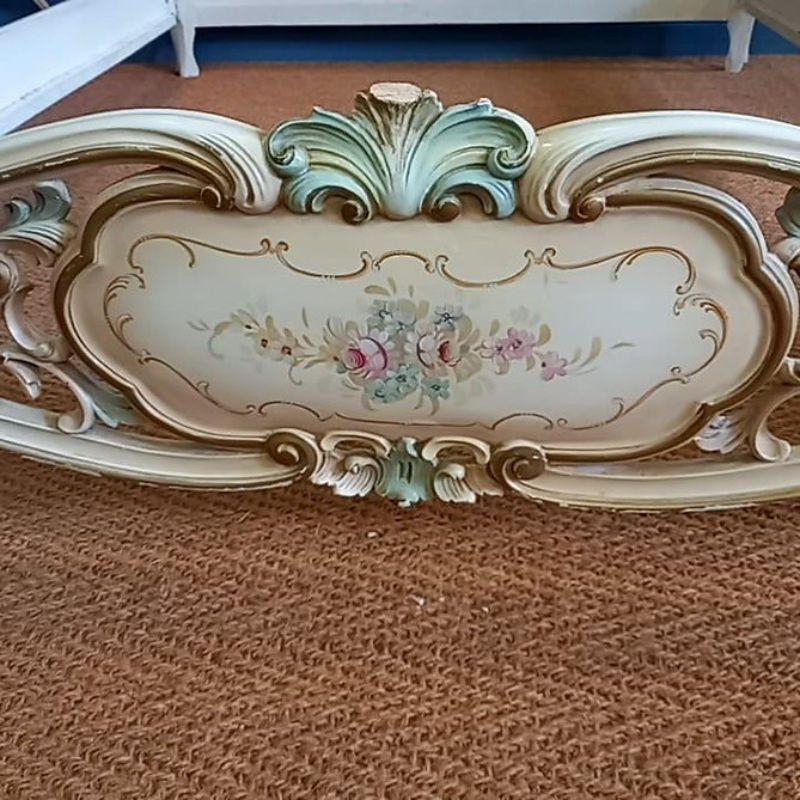 Carved Italian King Size (5') Antique Upholstered Bed & Bedside Tables